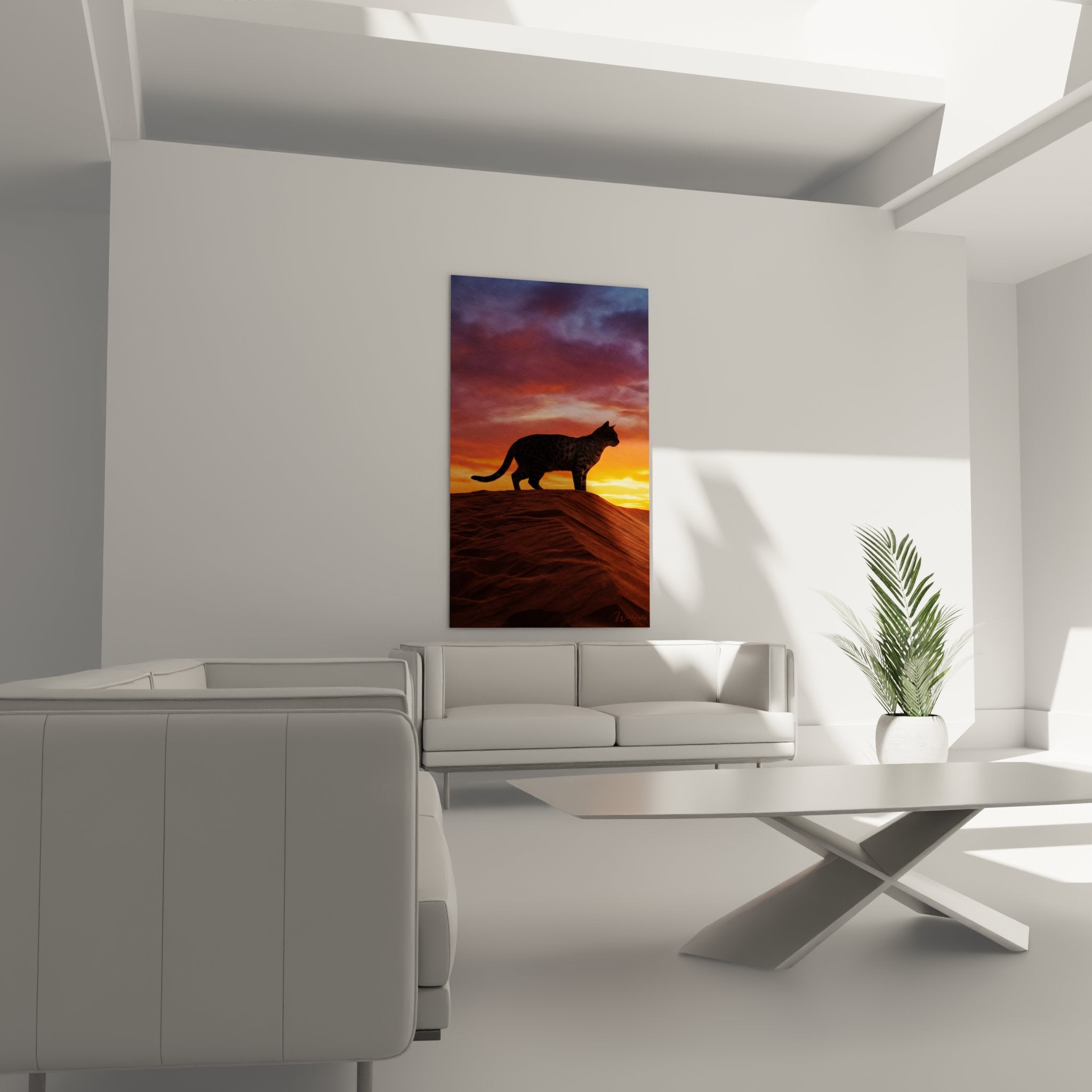 Dettaglio ravvicinato quadro Egyptian Mau silhouette, qualità stampa premium colori vibranti