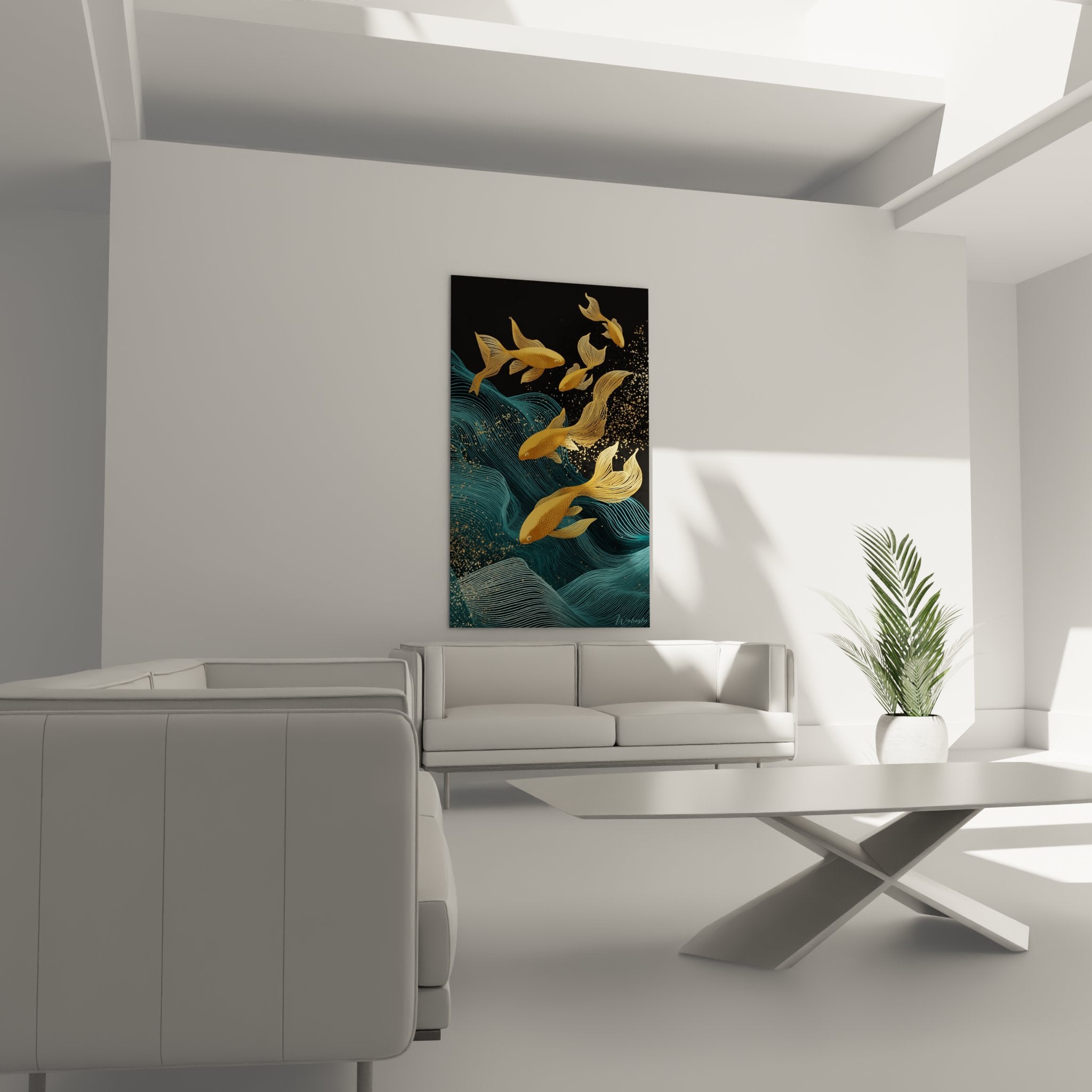 Dettaglio quadro art déco che mostra pesci dorati con scaglie geometriche e pinne fluide in stile anni 1920