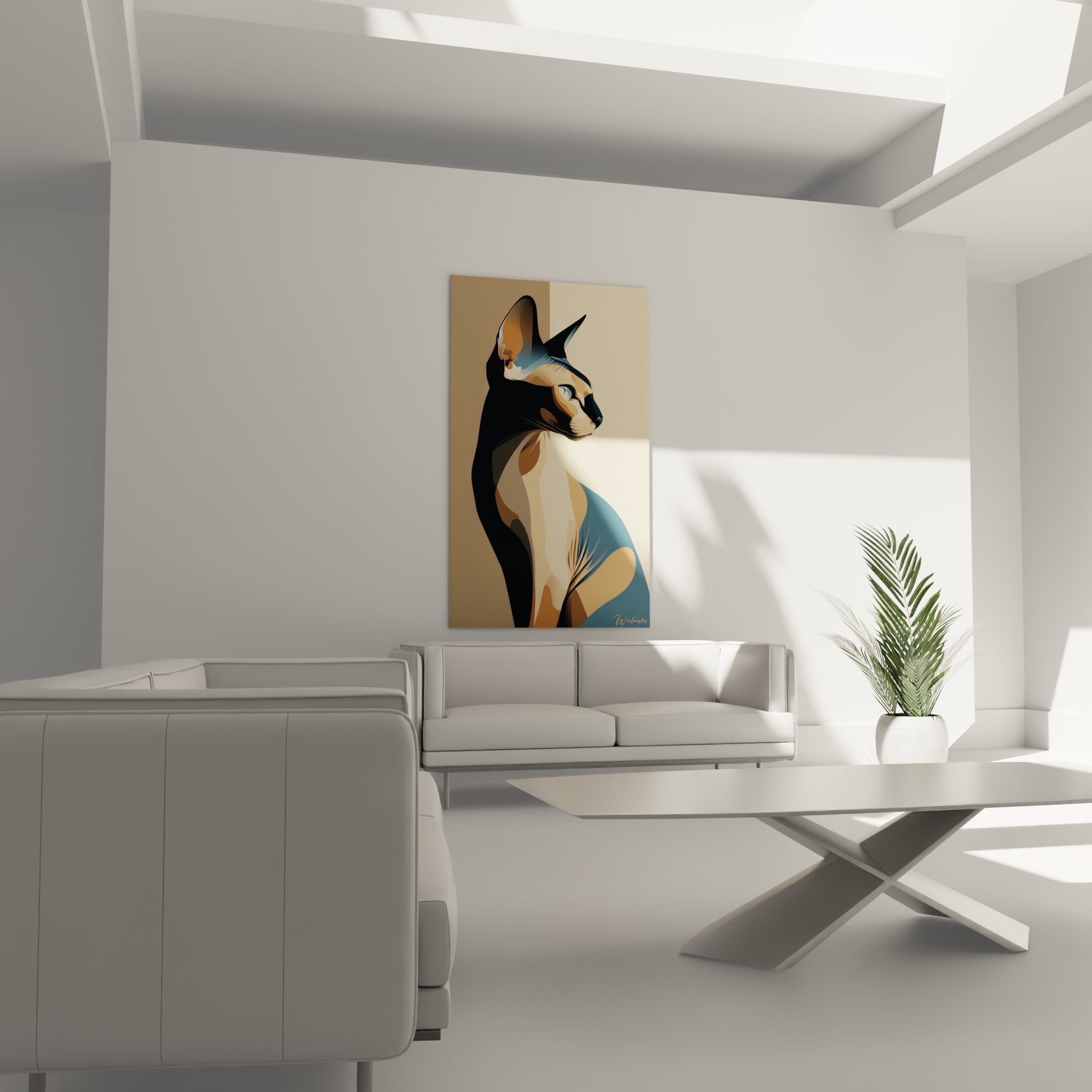 Dettaglio del ritratto di gatto Sphynx che mostra le sfumature di colore e lo stile artistico astratto