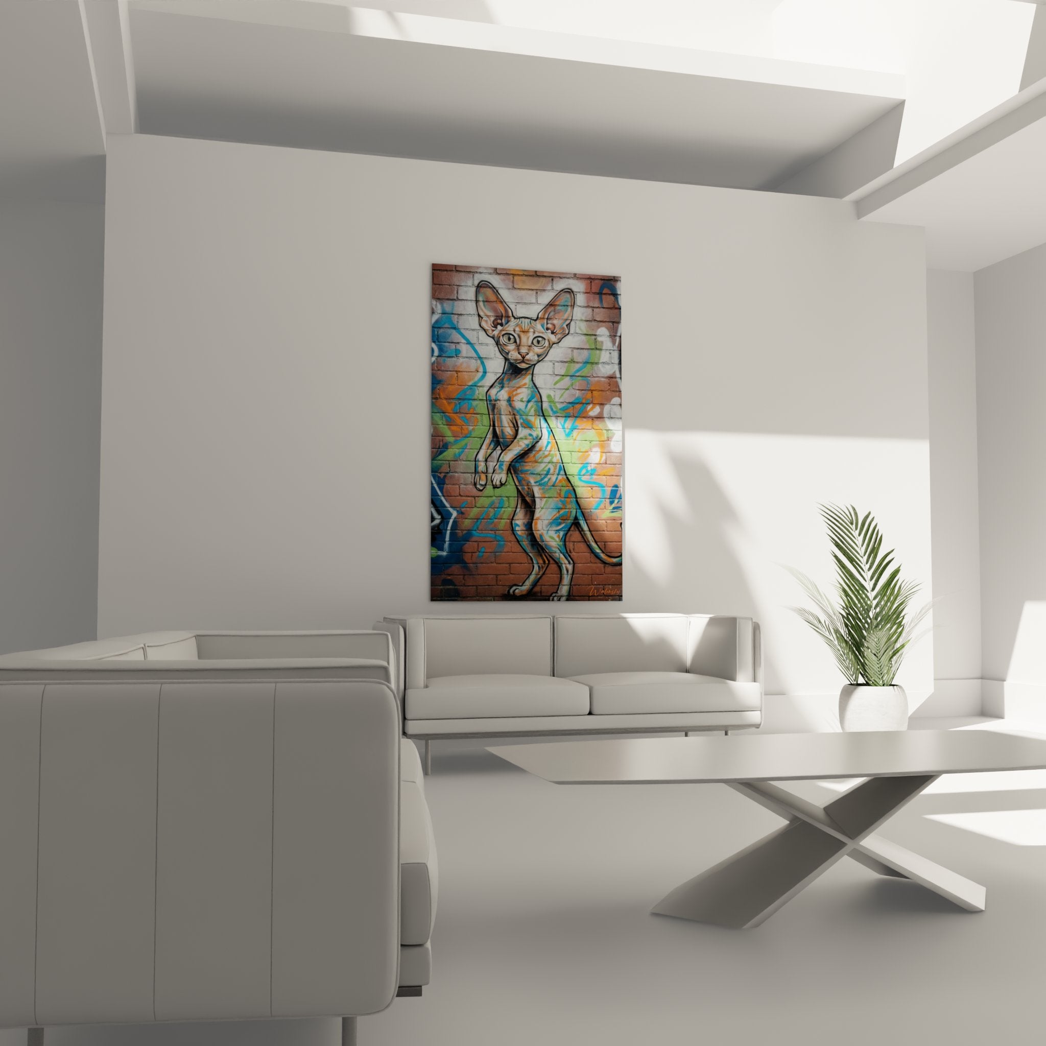 Primo piano su quadro graffiti che mostra i dettagli del gatto Cornish Rex con occhi verdi penetranti