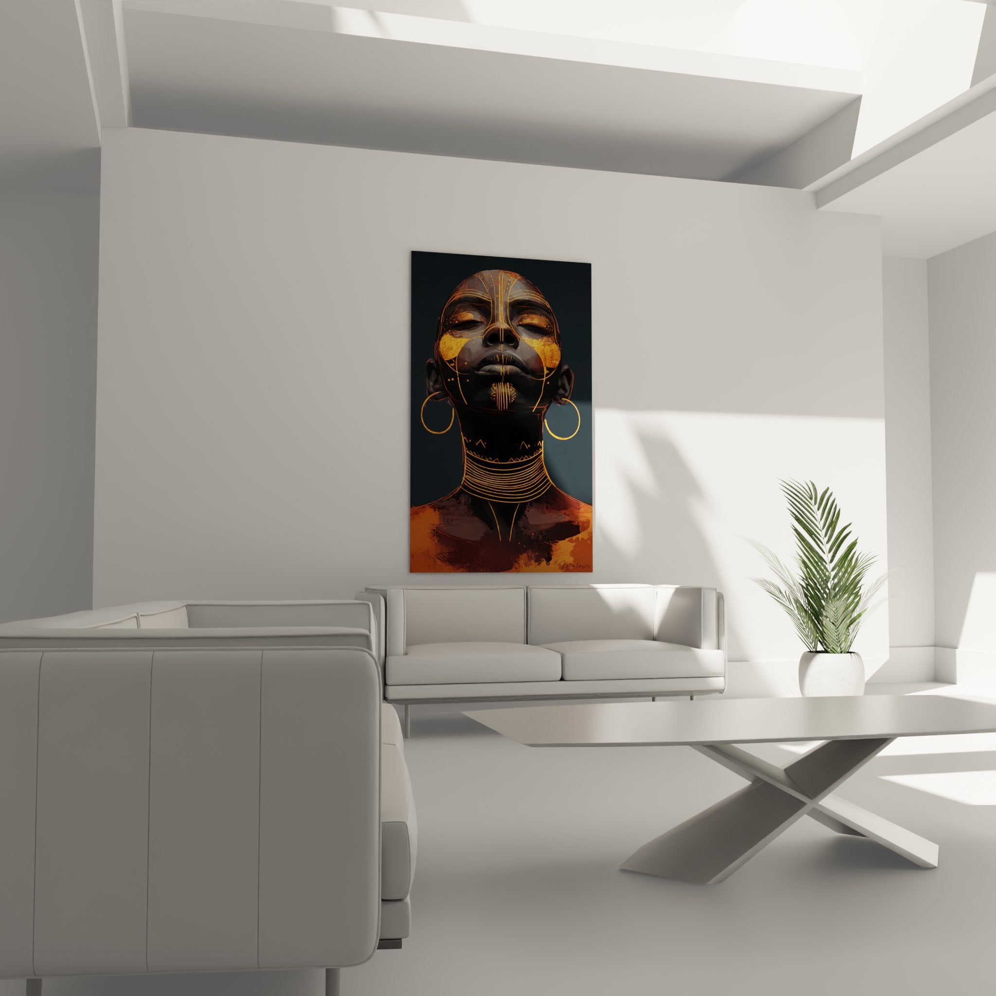 Nahaufnahme des Gesichts einer afrikanischen Frau, gemalt mit goldenen Skarifizierungen und serener Ausdrucksweise