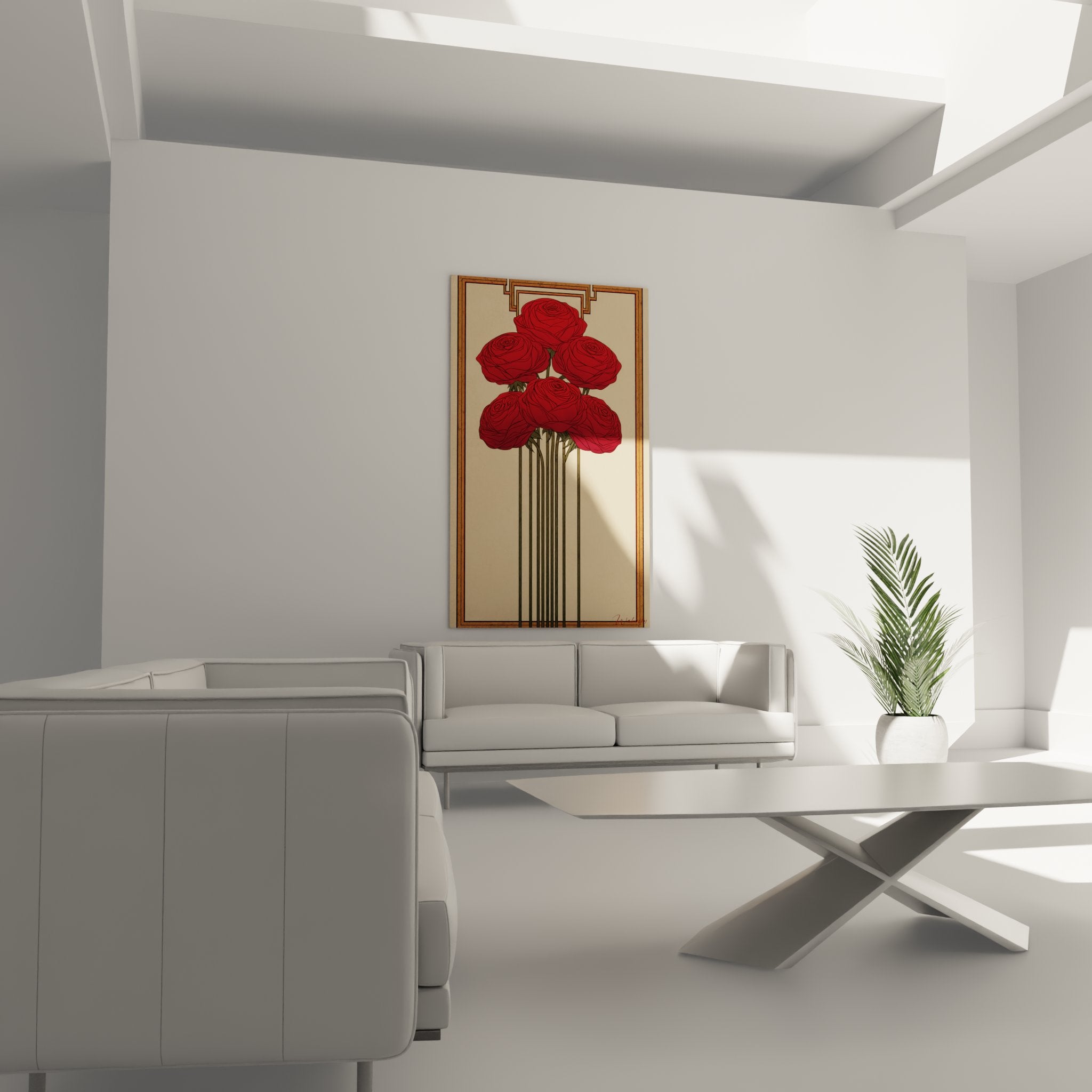 Dettaglio rose rosse stile Art Deco petali delicati steli stilizzati linea geometrica