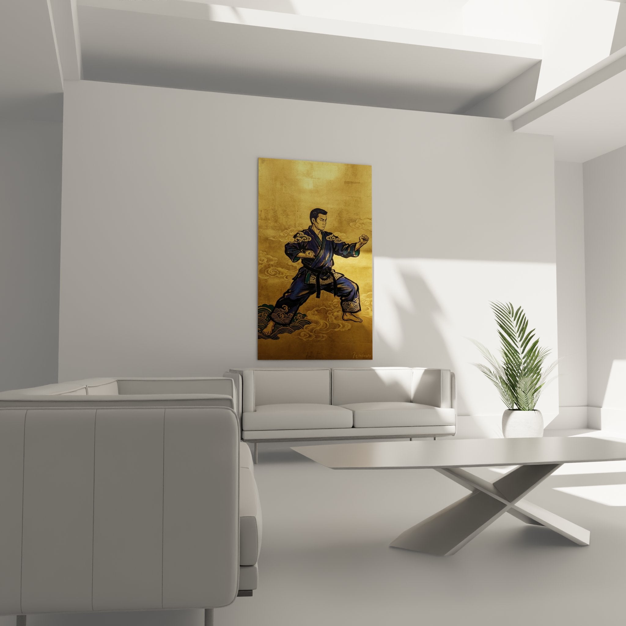 Détail tableau karaté montrant technique combat et kimono bleu brodé or du maître arts martiaux
