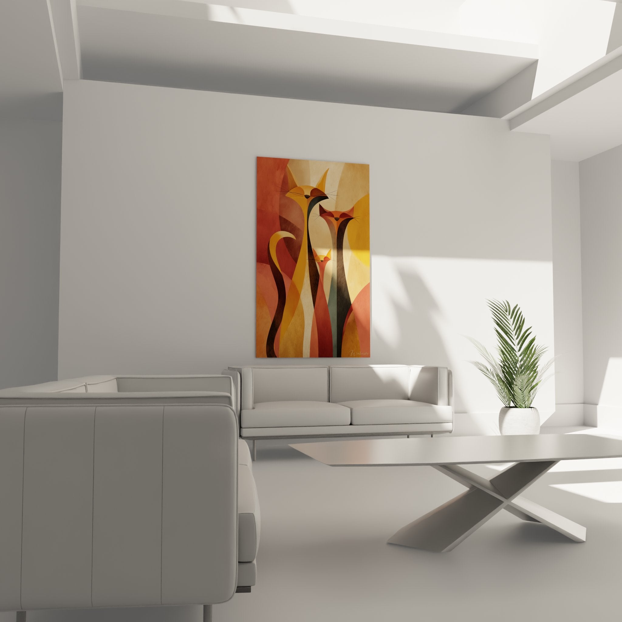 Dettaglio del quadro che mostra i volti stilizzati dei gatti con baffi ed espressioni serene