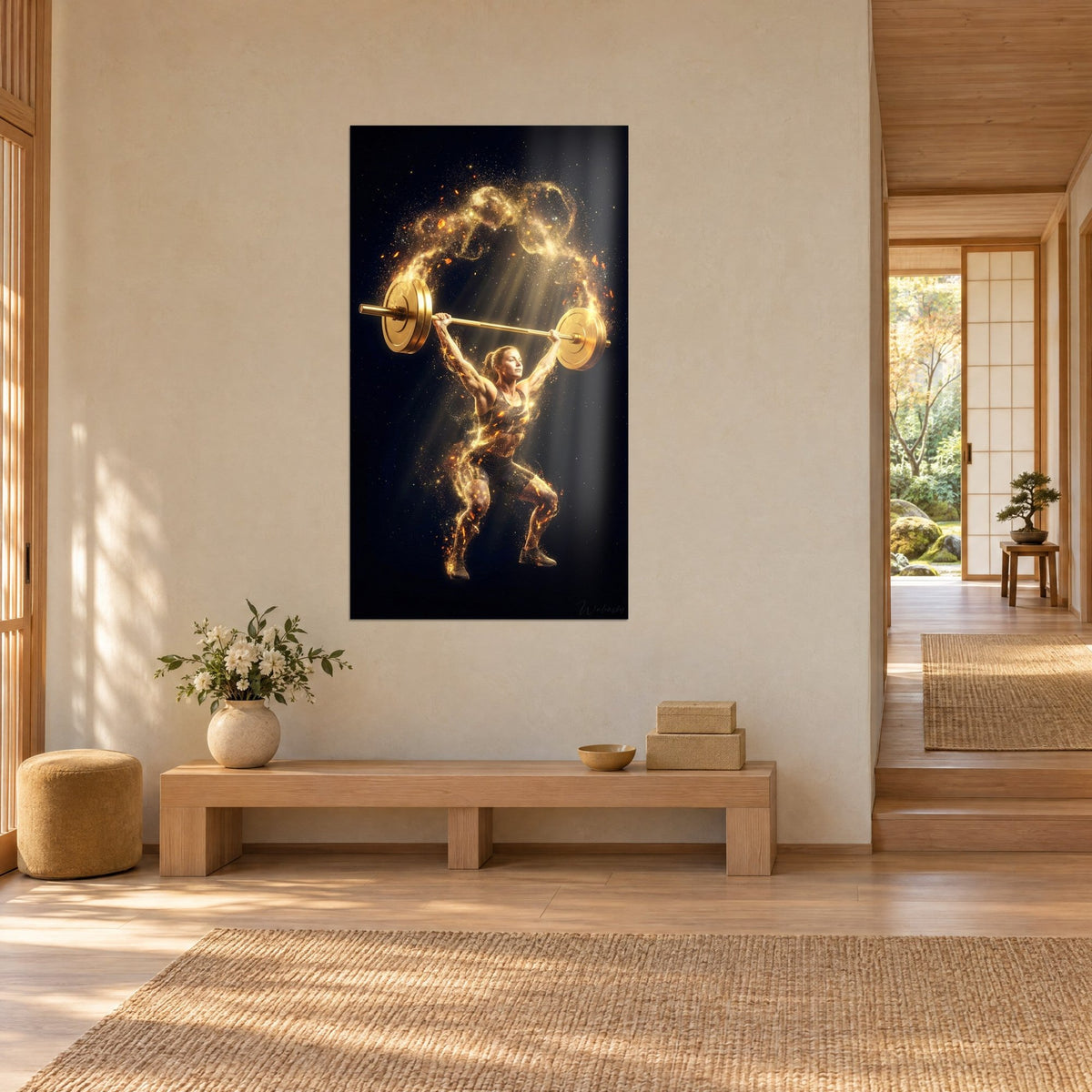 Wall art athlete in a squat, golden barbell held at arm's length, gold dust and light rays, cream wall of a japandi home