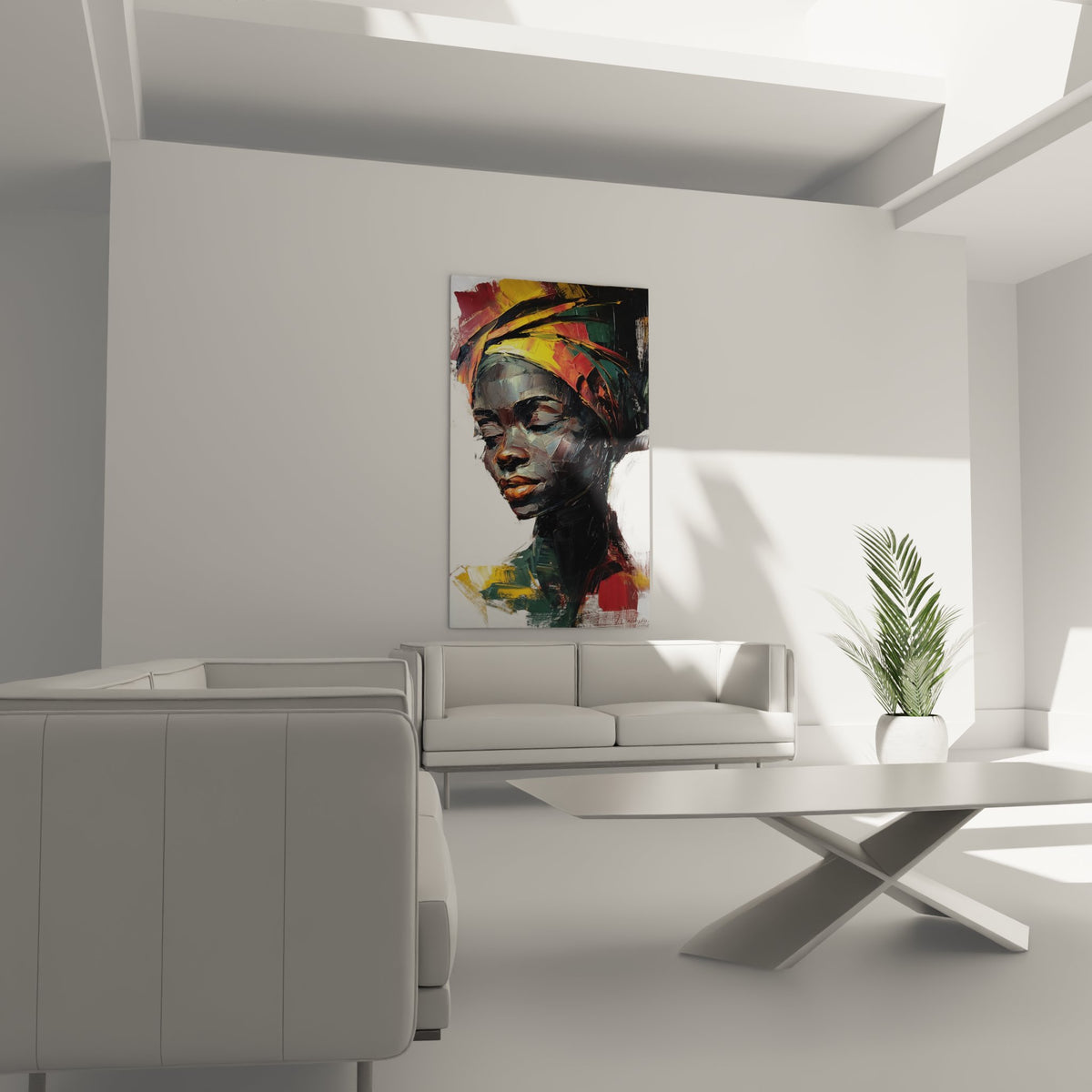 Nahaufnahme-Detail des Gemäldes einer afrikanischen Frau, das die Maltextur und lebendigen Farben zeigt