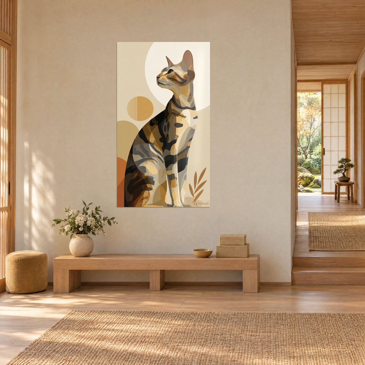 Gemälde einer Katze mit übereinanderliegenden braunen Flecken vor einer großen cremefarbenen Scheibe und einer ockerfarbenen Sonne, Dreiviertelansicht, Japandi-Flur