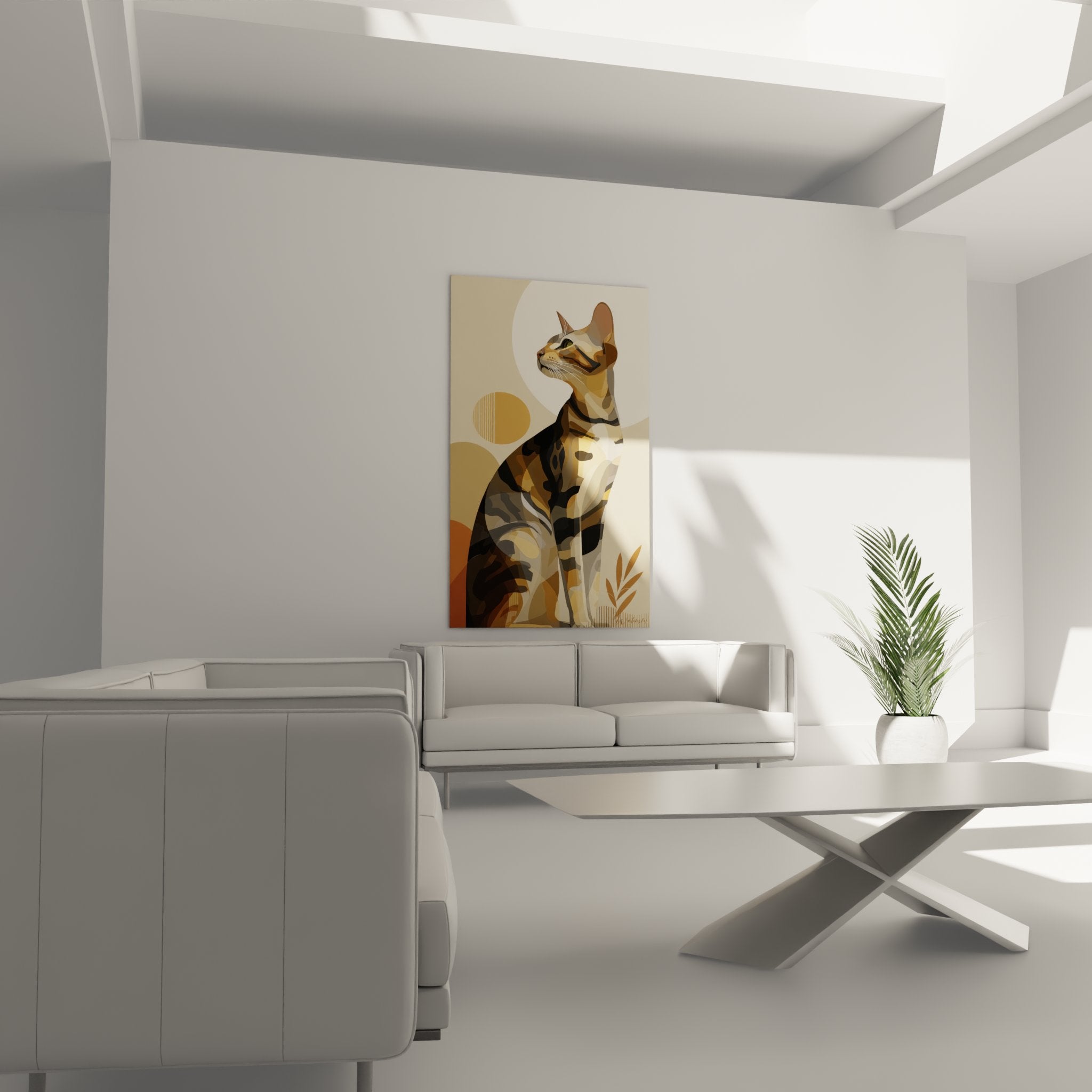 Detail du tableau chat Sokoke art geometrique montrant les formes stylisees et palette de couleurs chaudes