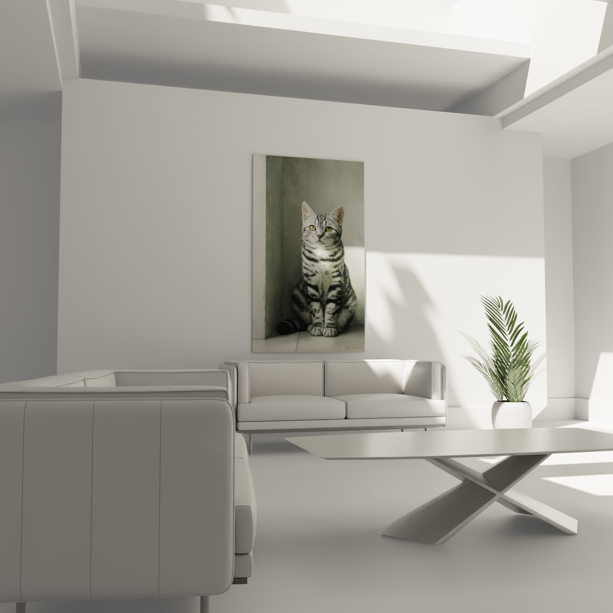 American Shorthair cat painting detail showing realistic silver tabby coat and piercing green eyes