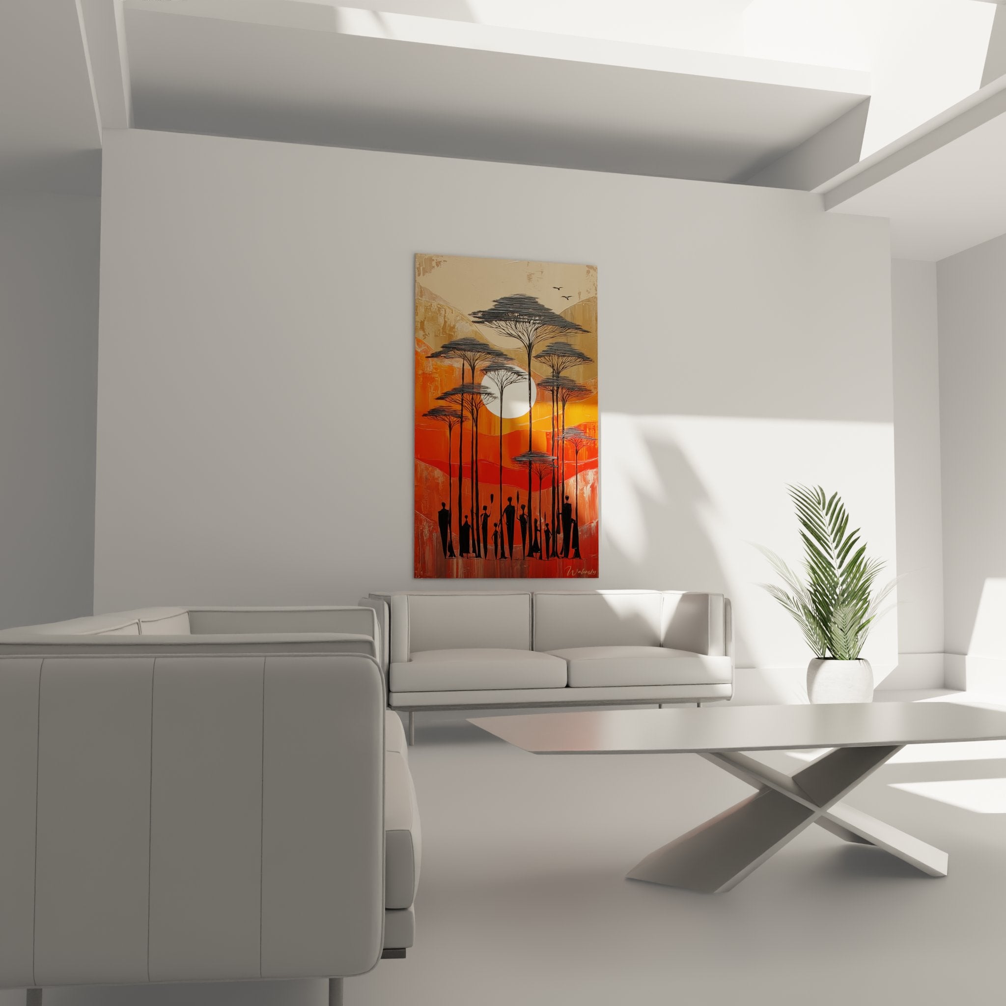 Dettaglio quadro africano che mostra acacie e sagome al tramonto arancione, texture pittura arte murale savana