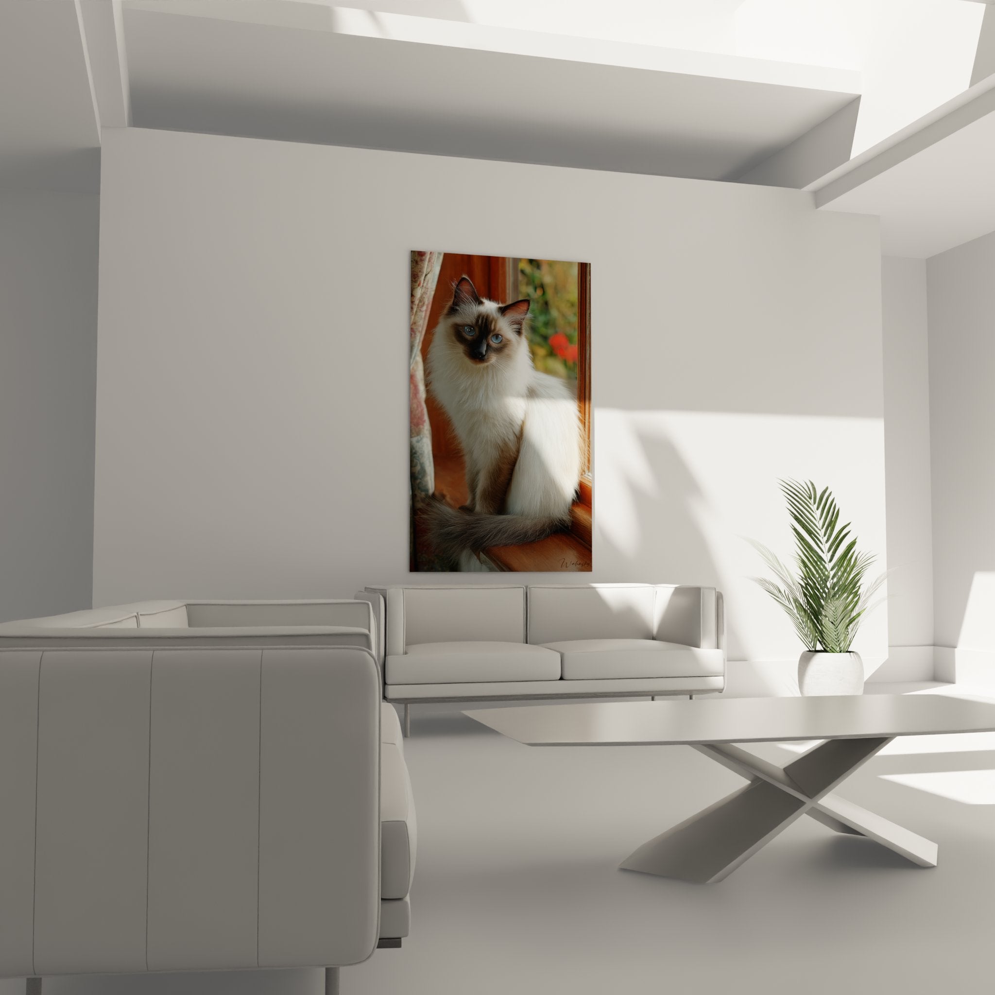 Gros plan sur les détails du pelage soyeux et les yeux bleus perçants du chat Balinais du tableau