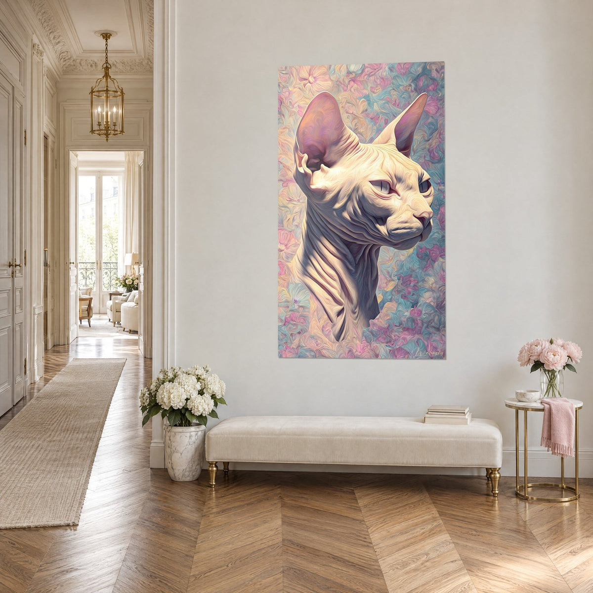 Wall art of a Sphynx cat in profile in ivory oil paint, neck folds shaded in mauve, turquoise flowers, Haussmann-style hallway