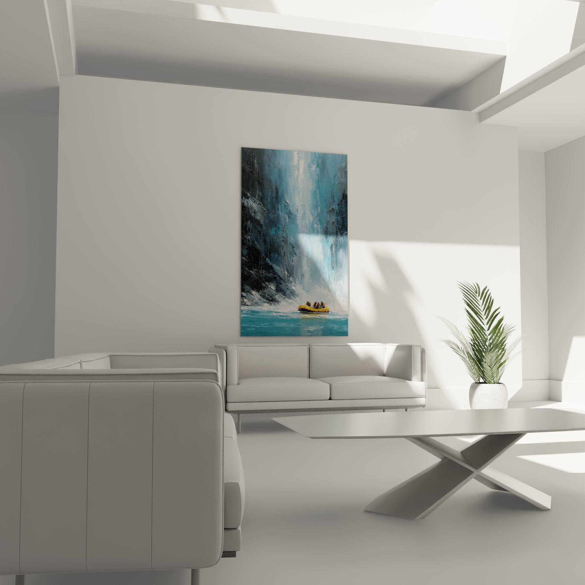 Dettaglio pittura cascata rafting che mostra texture pennellate e sfumature blu grigie dell'acqua