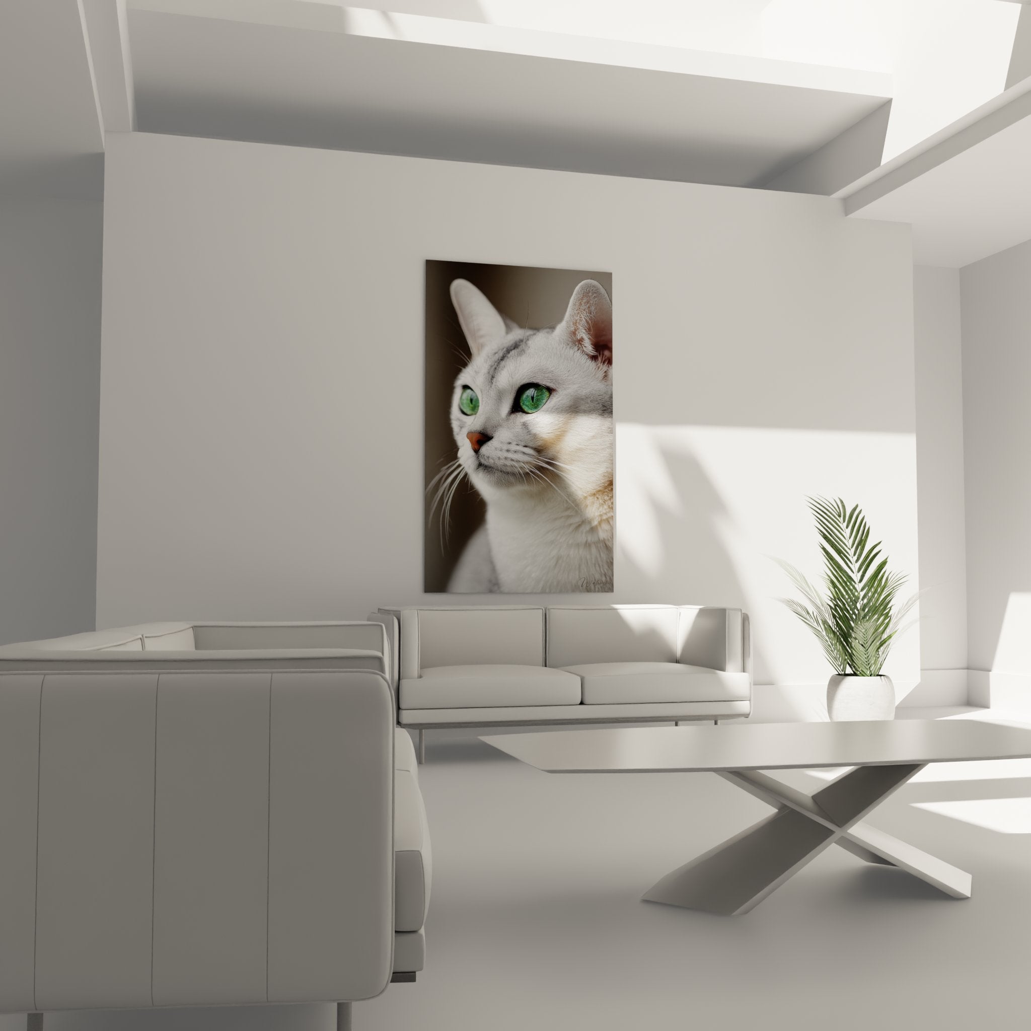 Gros plan tableau chat Burmilla yeux verts, détails pelage argenté, qualité impression haute définition art mural