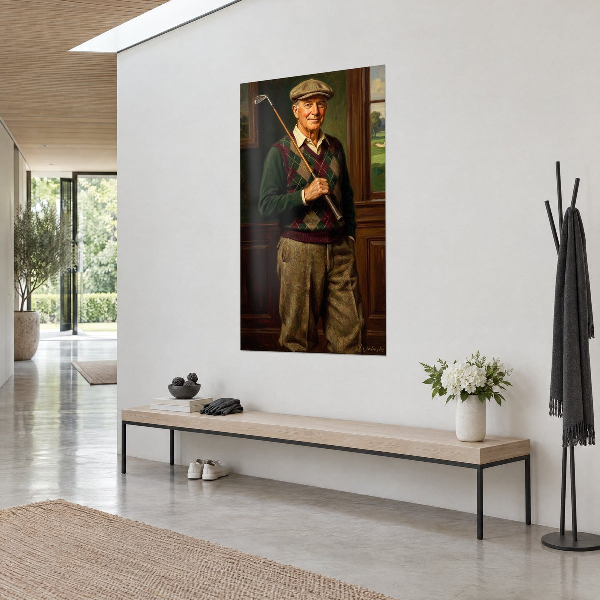 Wall art of a gentleman golfer in beige tweed knickerbockers, fir-green sweater, brown wood paneling, in the hallway of an architect's house