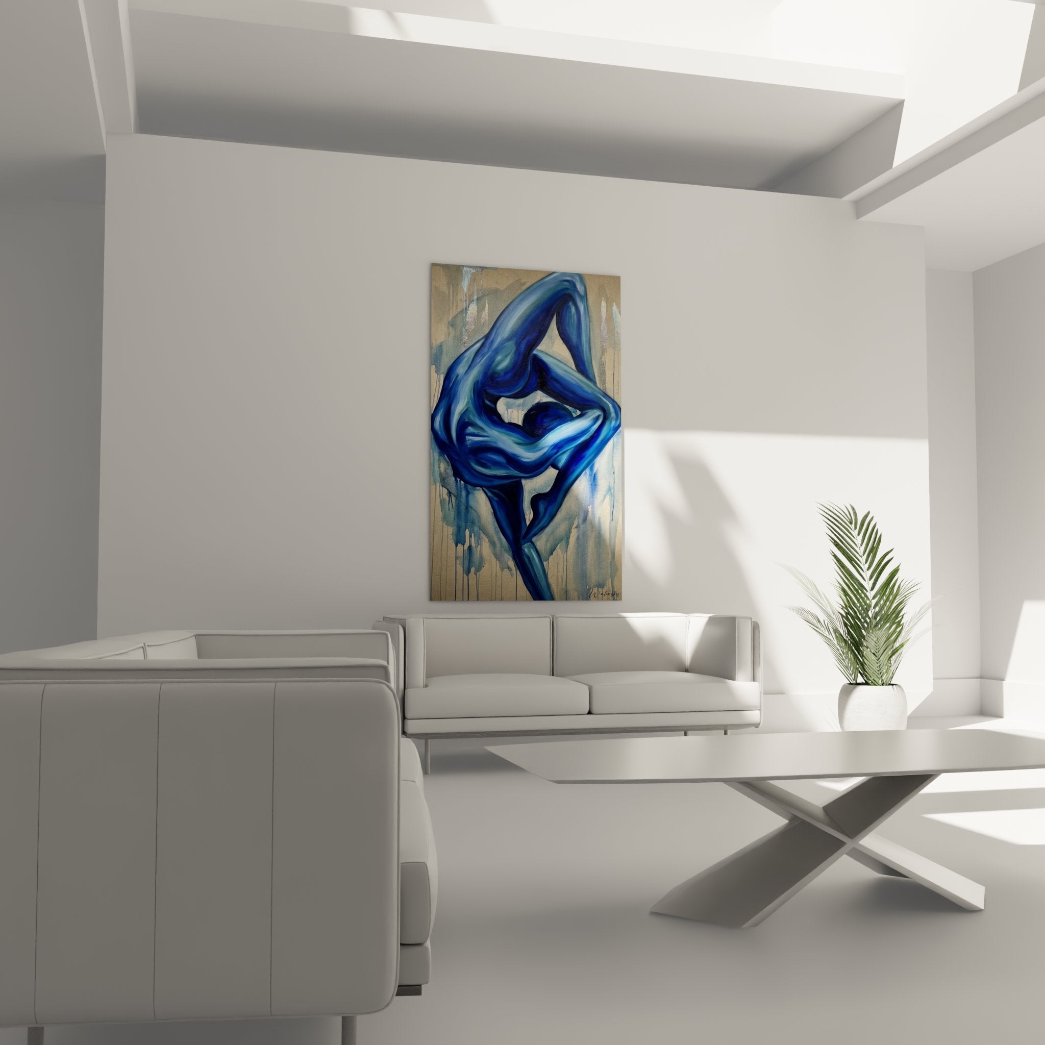 Detail tableau figure bleue artistique, texture fluide et mouvement gracieux en gros plan