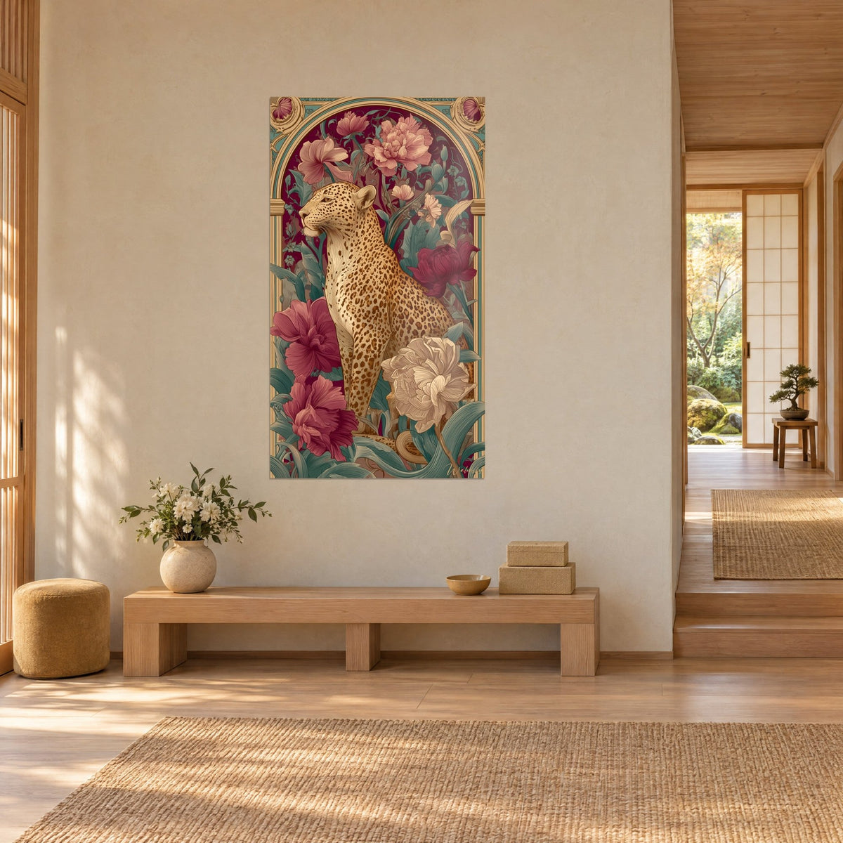 Tableau félin moucheté sous une arche dorée, pivoines rose pâle et feuillages vert sauge, mur crème, couloir japandi