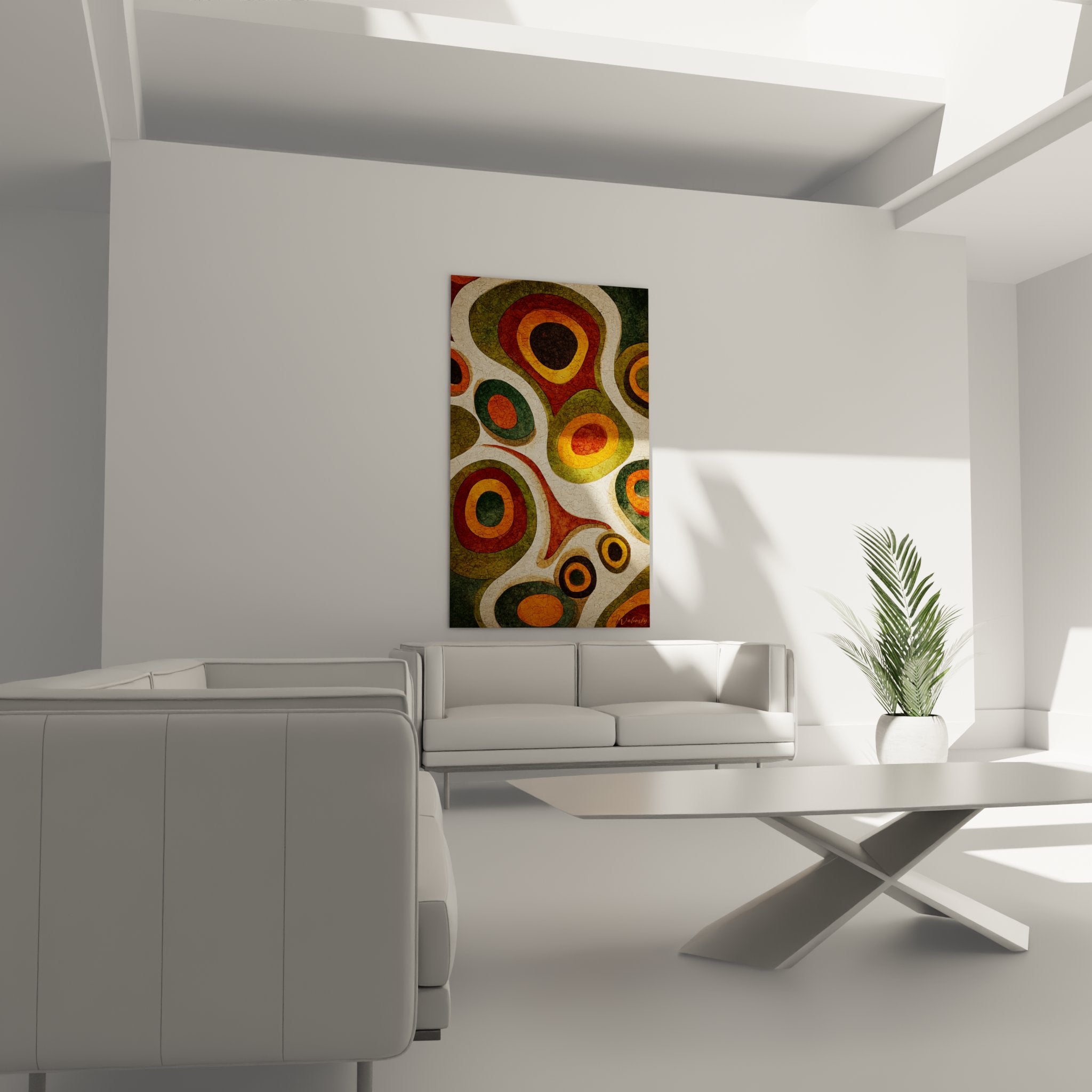 Textured crackle detail of abstract African painting showing concentric circles in red, ochre and green