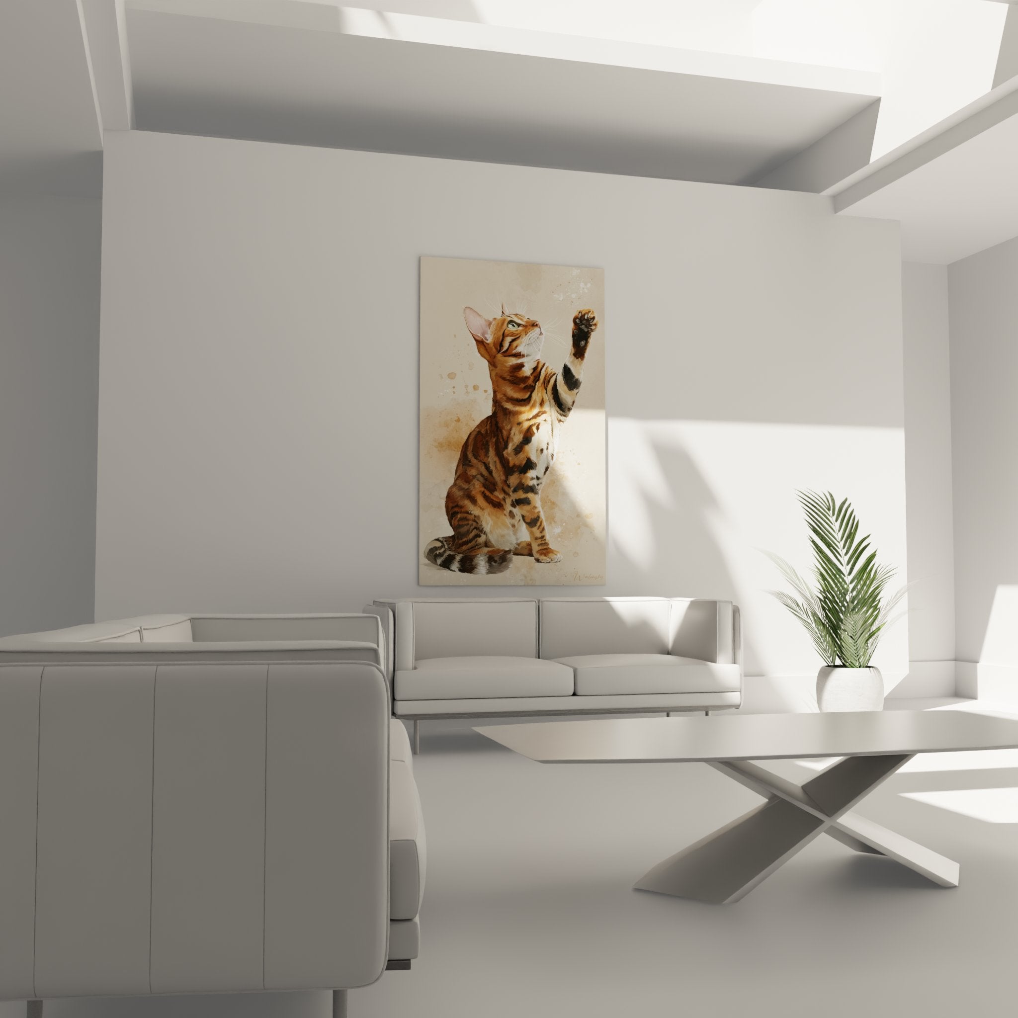 Détail du tableau Bengal montrant les rayures et l'expression curieuse du chat