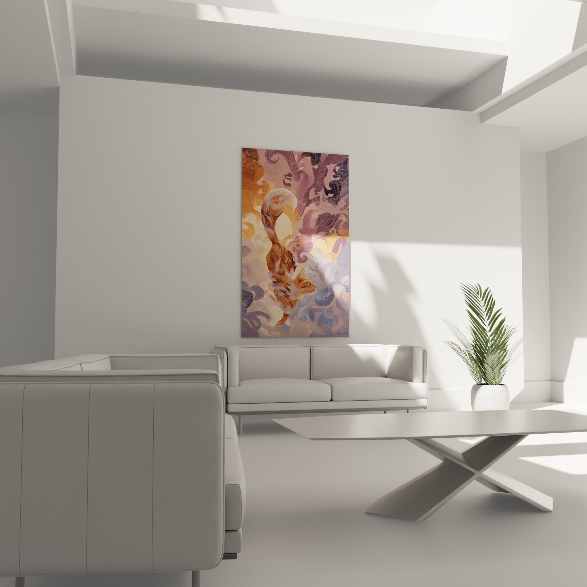 Detailaufnahme des Somali-Katzen-Kunstdrucks mit Canvas-Textur und goldvioletten Farben, hochwertige Druckqualität