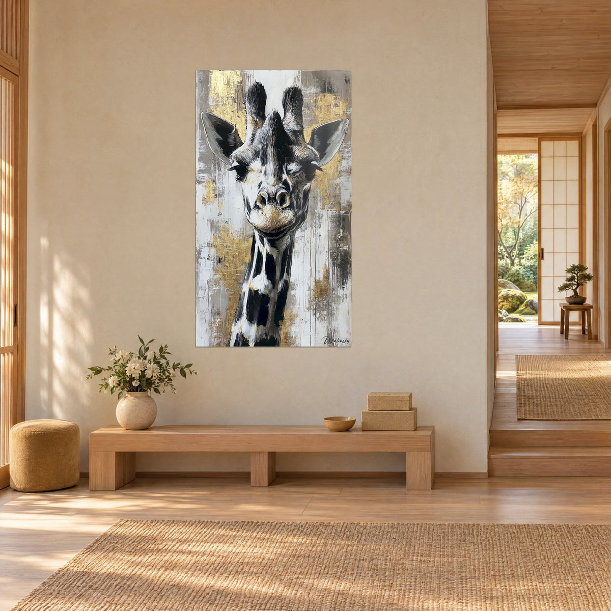Schilderij portret van een giraf met zwarte wimpers en een beige snuit op een grijze en gouden achtergrond, crème muur, bank van licht hout in driekwartaanzicht