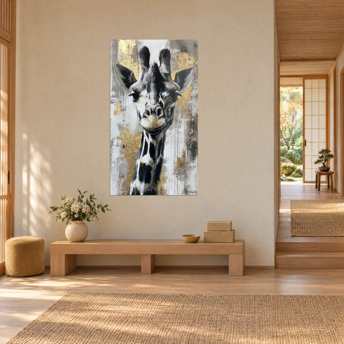 Tableau portrait de girafe aux cils noirs et à la truffe beige sur fond gris et doré, mur crème, banc en bois clair en vue de trois-quarts
