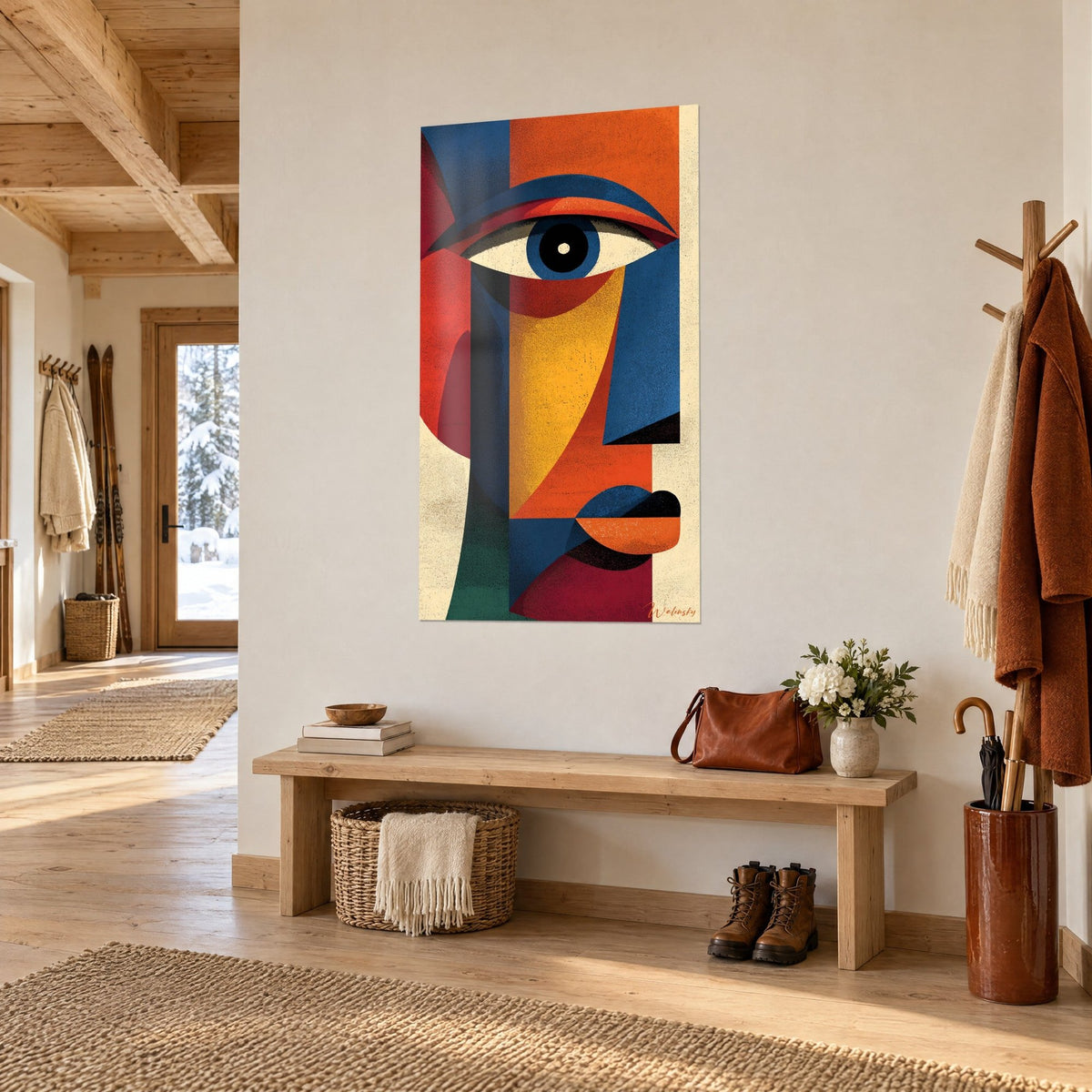 Tableau portrait géométrique au grand œil noir cerné de bleu, aplats orange et rouge brique, entrée en bois d'un chalet