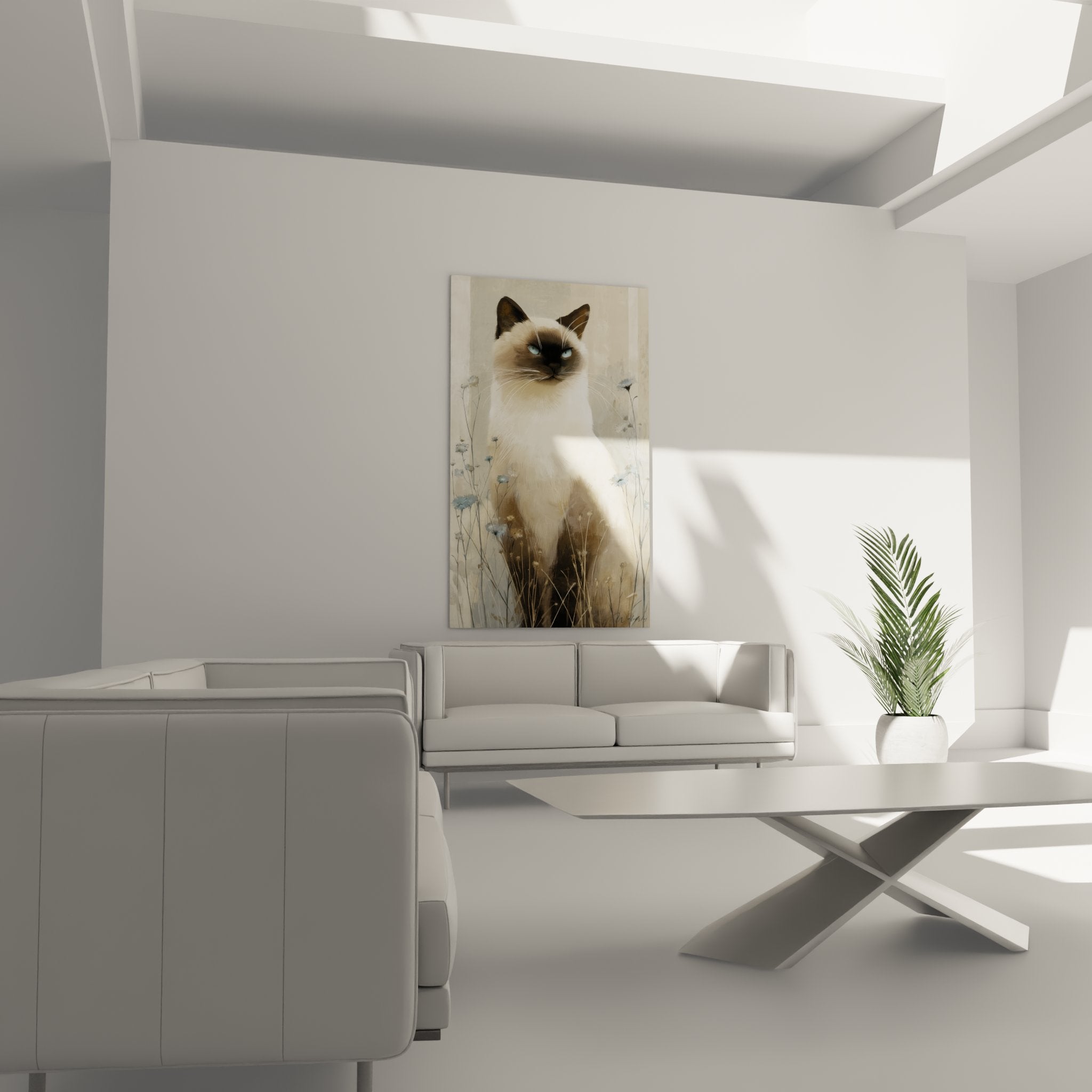 Close-up detail of Birman cat portrait with striking azure blue eyes and sepia points surrounded by delicate countryside vegetation