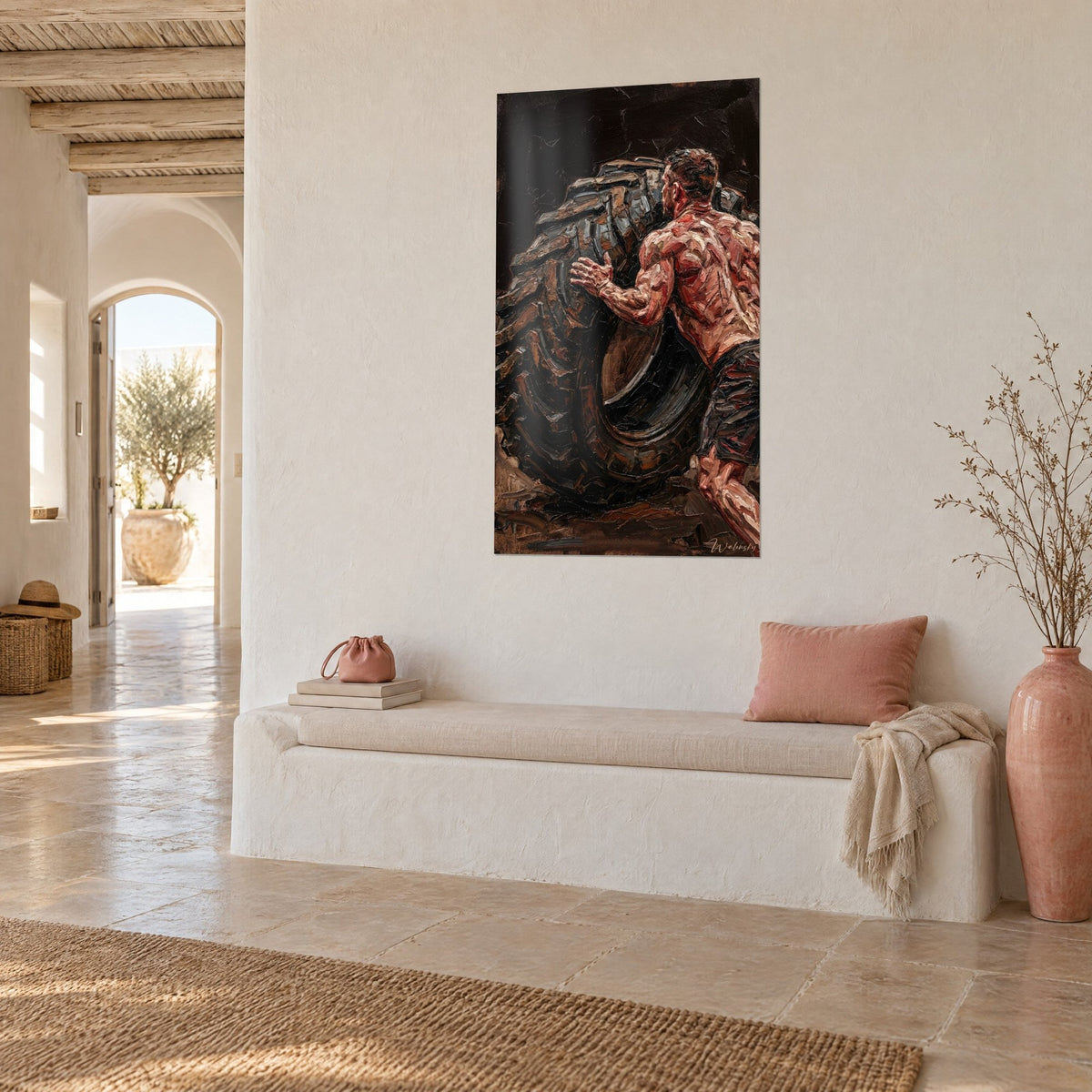 Wall art shirtless man against an enormous tractor tire, brown and red impasto strokes, white wall of a Mediterranean house
