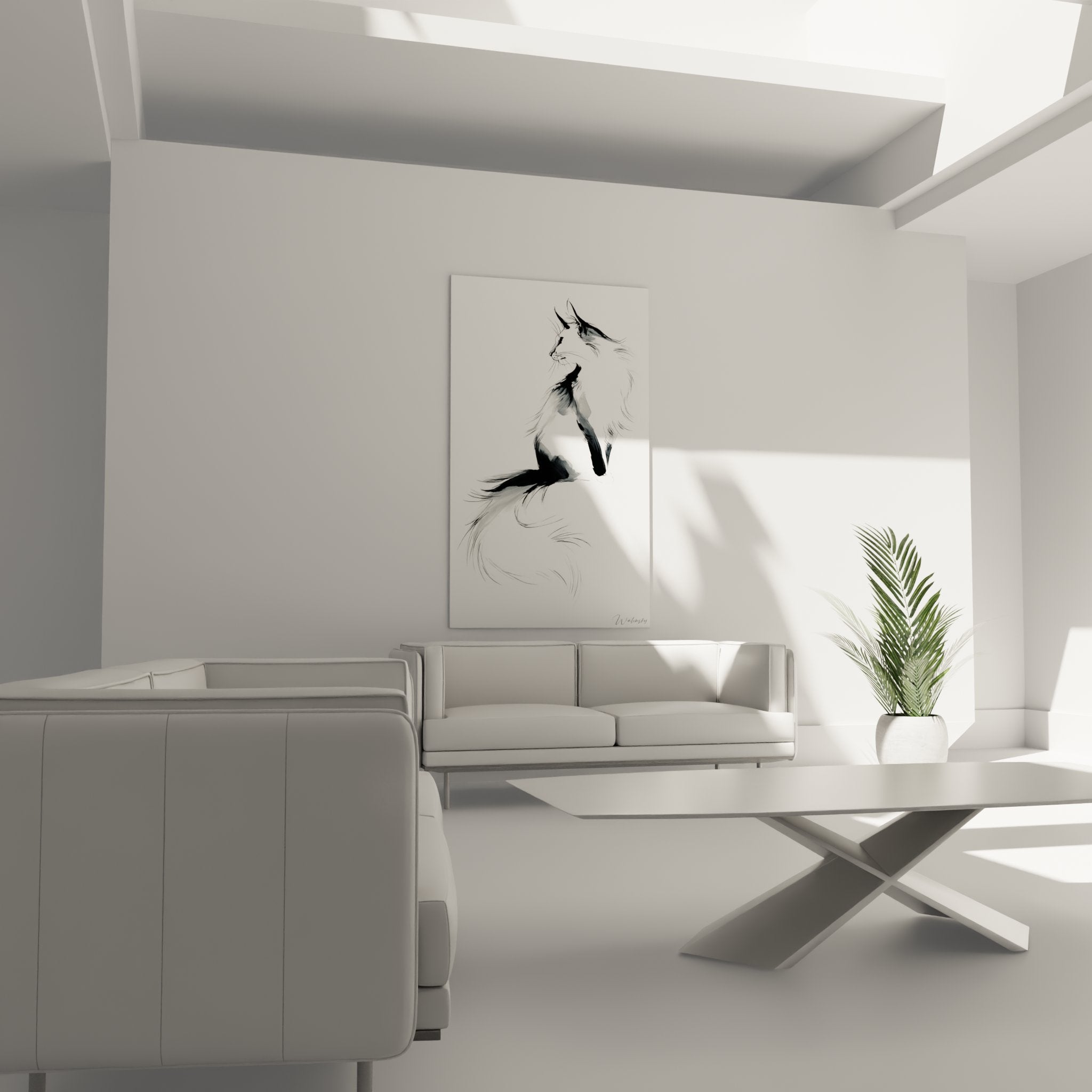 Détail aquarelle chat Somali montrant texture pelage et traits félins délicats en noir et blanc