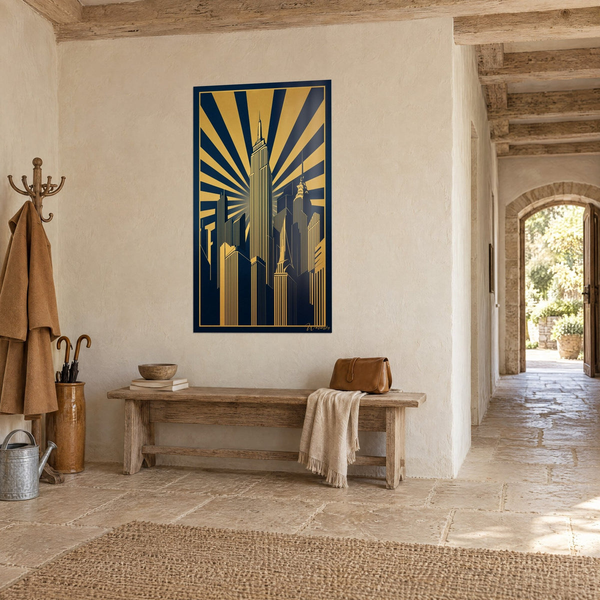 Wall art Empire State Building poster in gold and navy, central spire and sunbeams, wooden bench and vaulted hallway