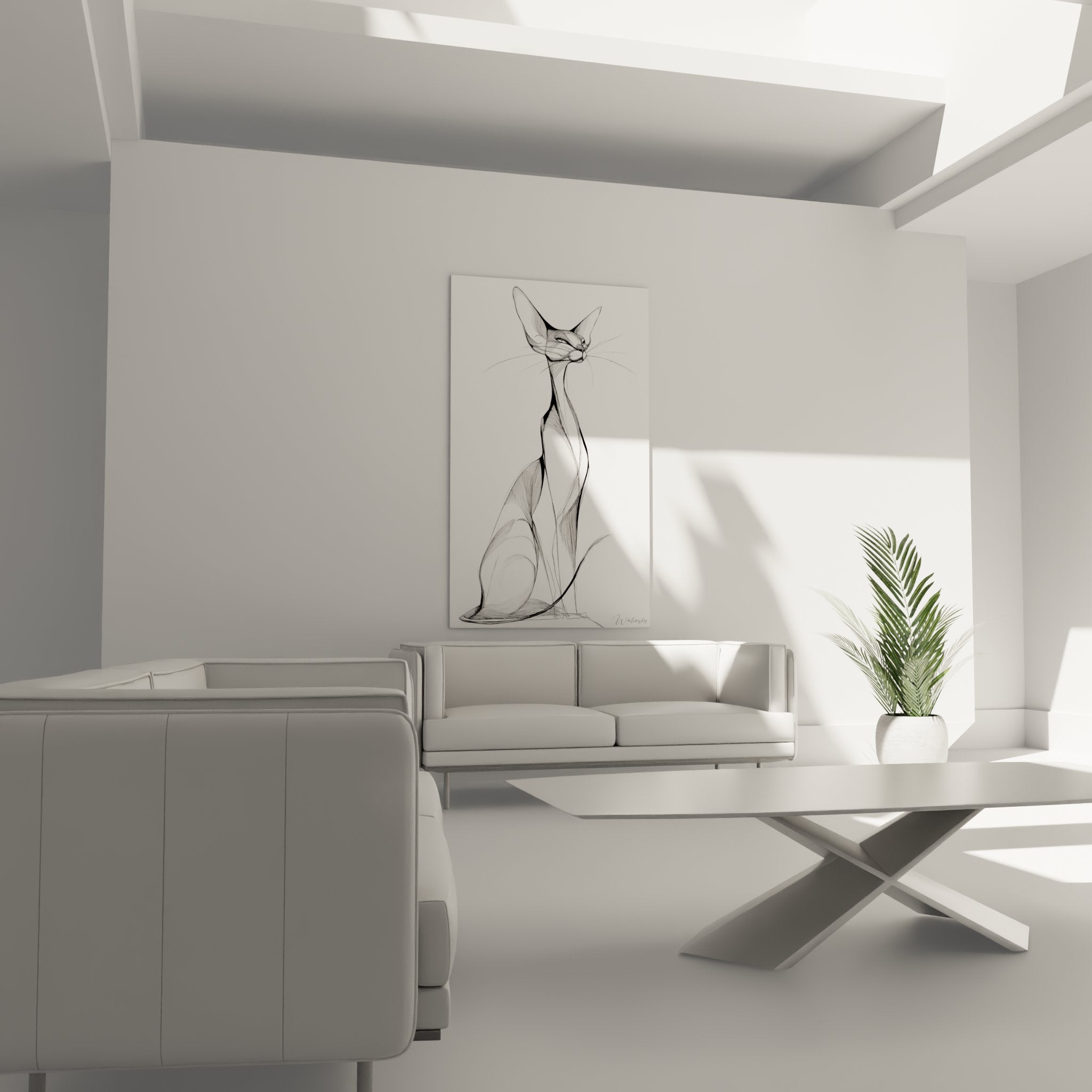 Minimalist cat artwork detail with fine black line art on white background, pointed ears and delicate whiskers