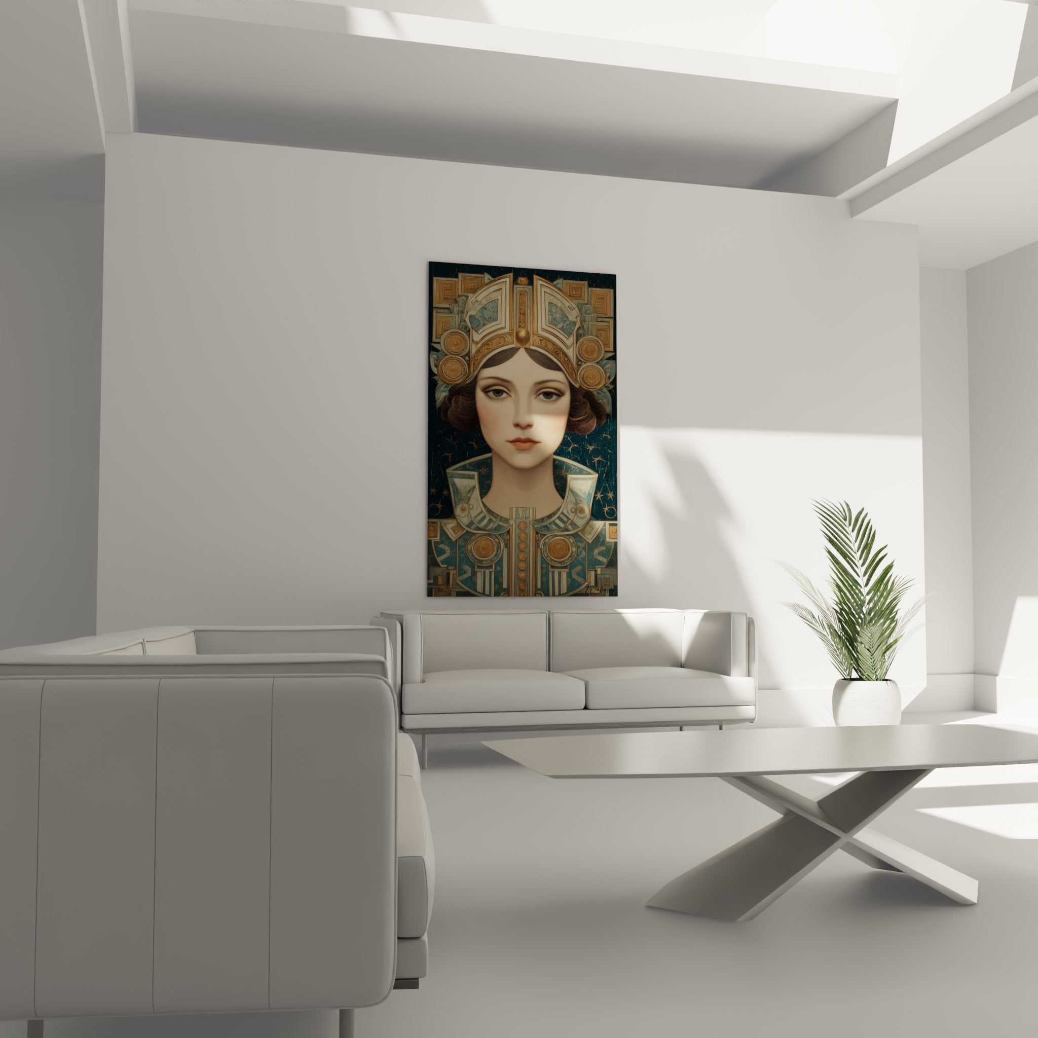Woman's face detail art deco portrait with golden diadem geometric patterns and serene expressive gaze