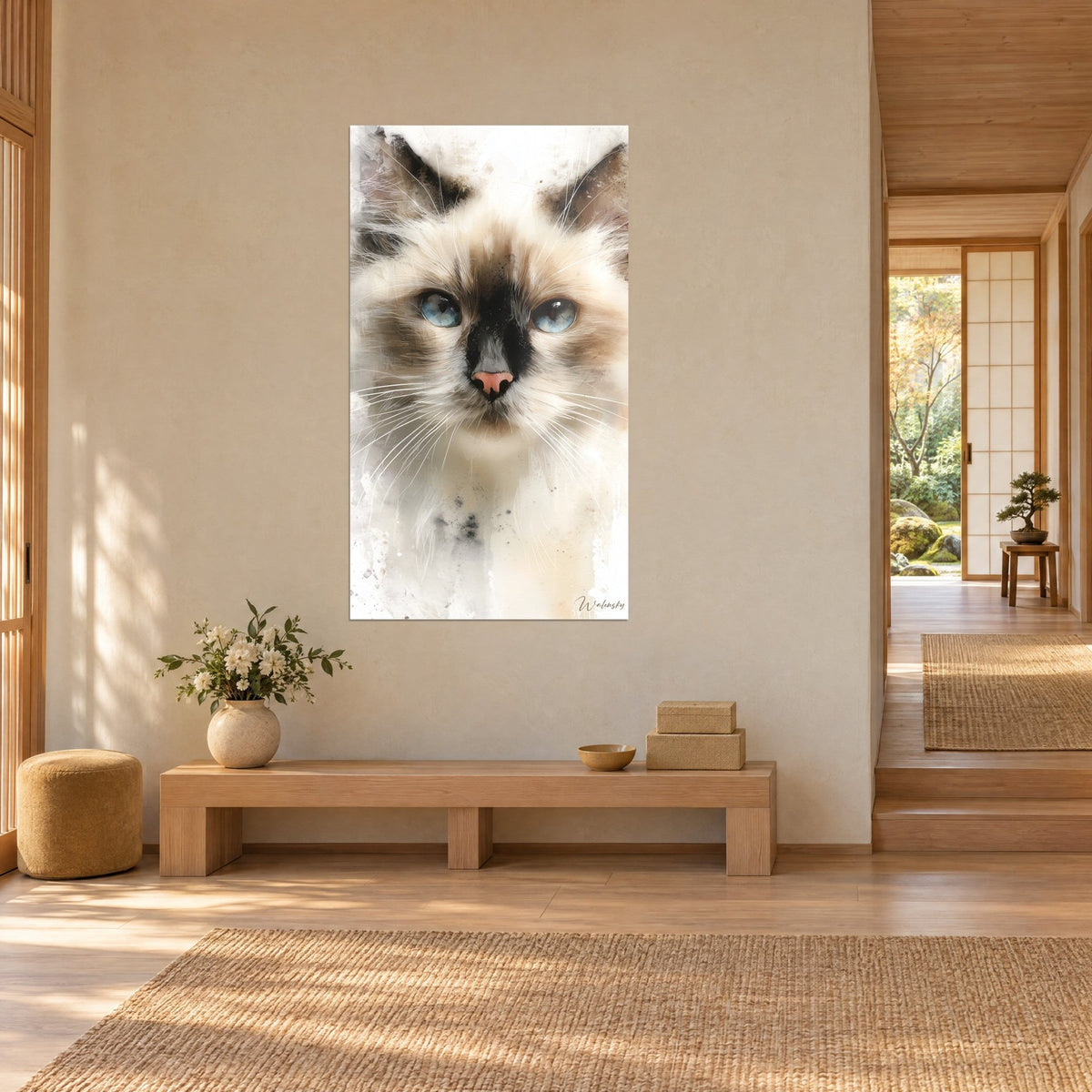 Wall art feline portrait in watercolour, pink nose and chocolate mask on white background, three-quarter view, light wooden bench