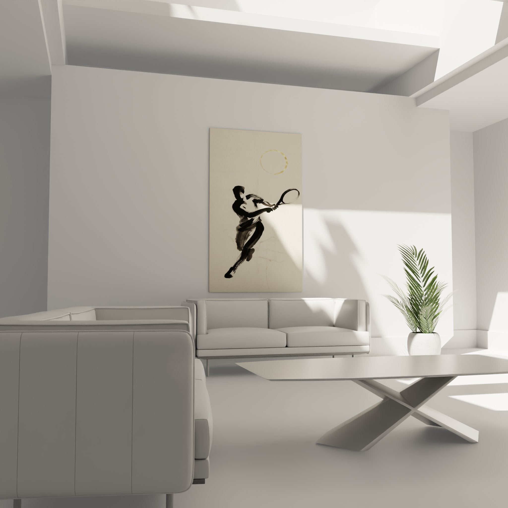 Detail tableau tennis peinture encre noire joueur raquette style artistique contemporain