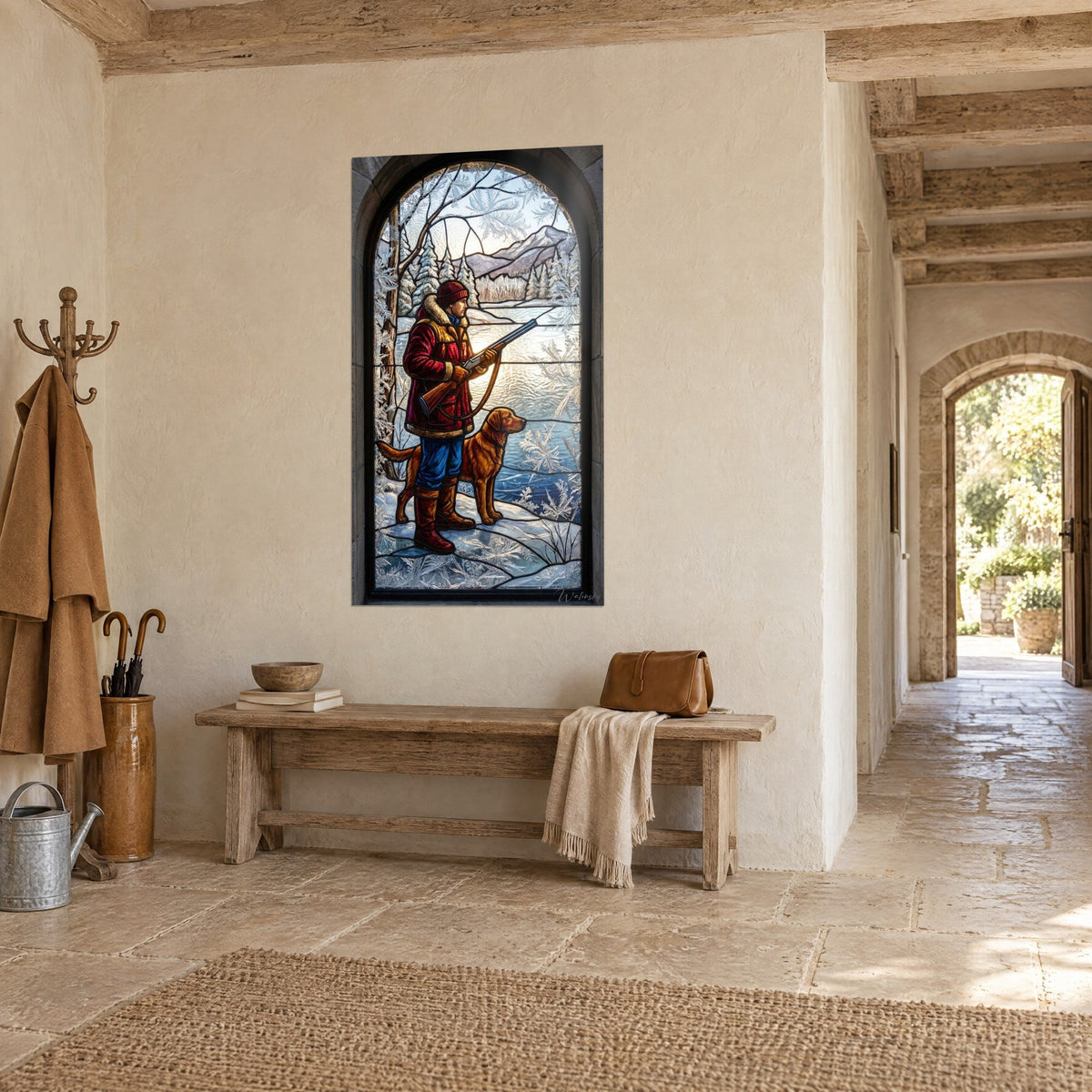 Wall art winter stained glass, man with a rifle and copper retriever in front of snowy fir trees, dark arch, light stone hallway