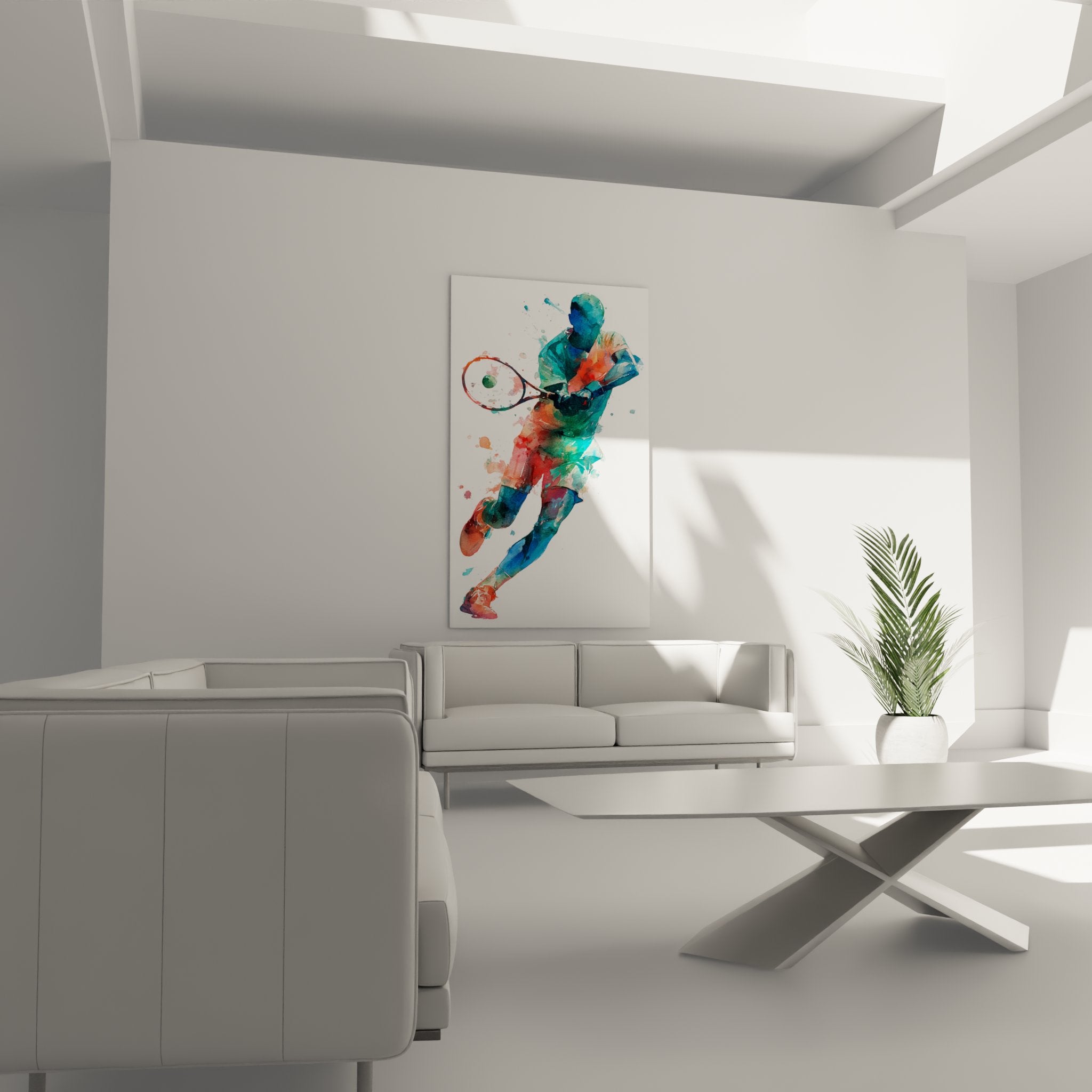 Detail aquarelle tennis raquette et joueur technique peinture fluide couleurs vives