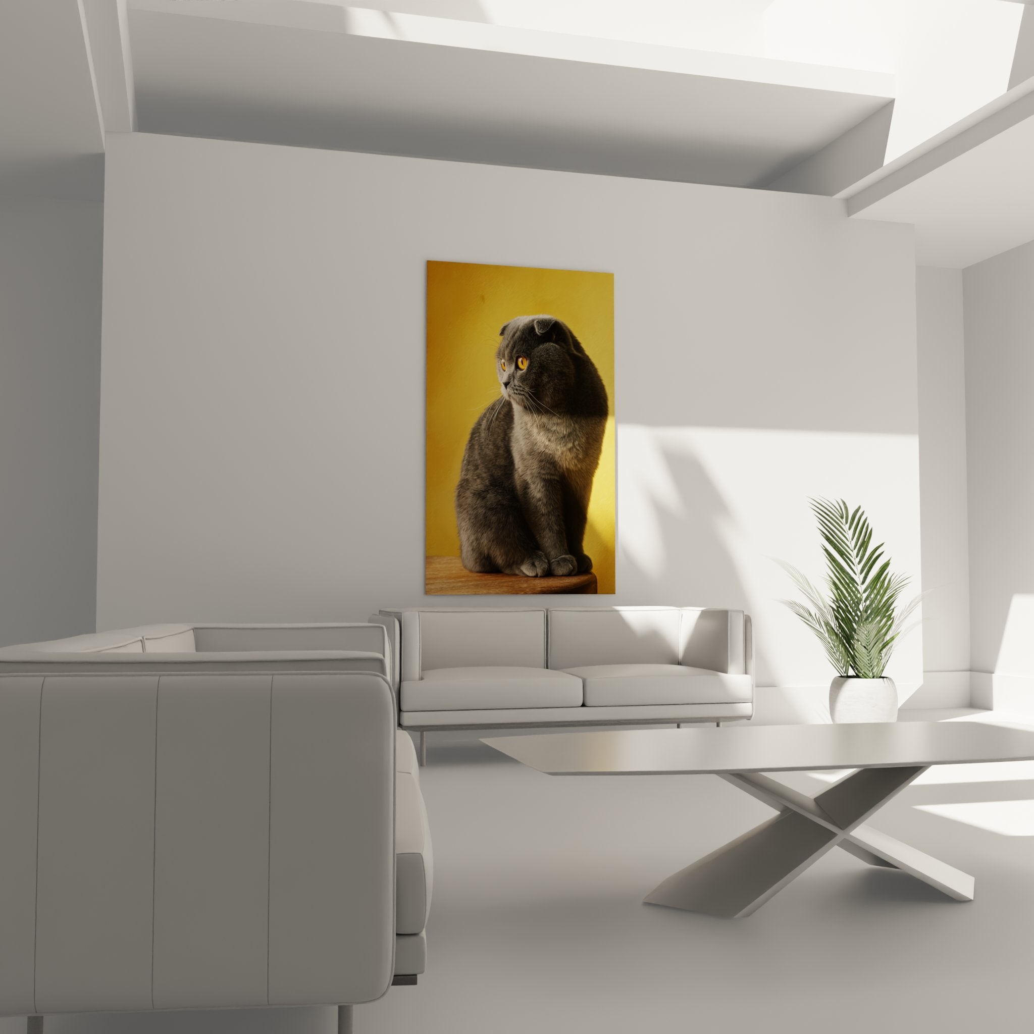 Close-up Scottish Fold cat wall art showing gray coat details and expressive golden eyes