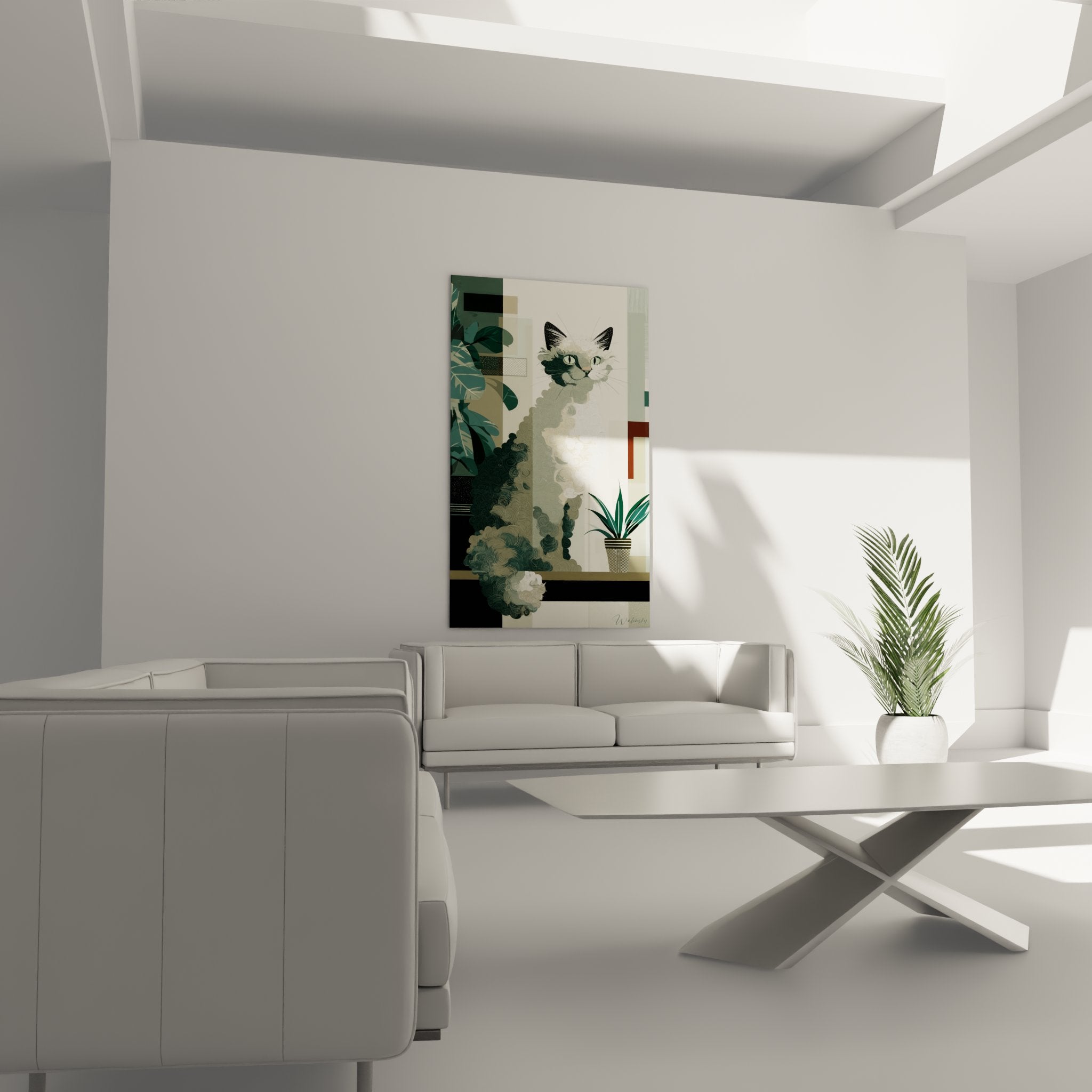 Détail gros plan tableau Selkirk Rex pelage bouclé stylisé motifs spiralés yeux verts art moderne végétal