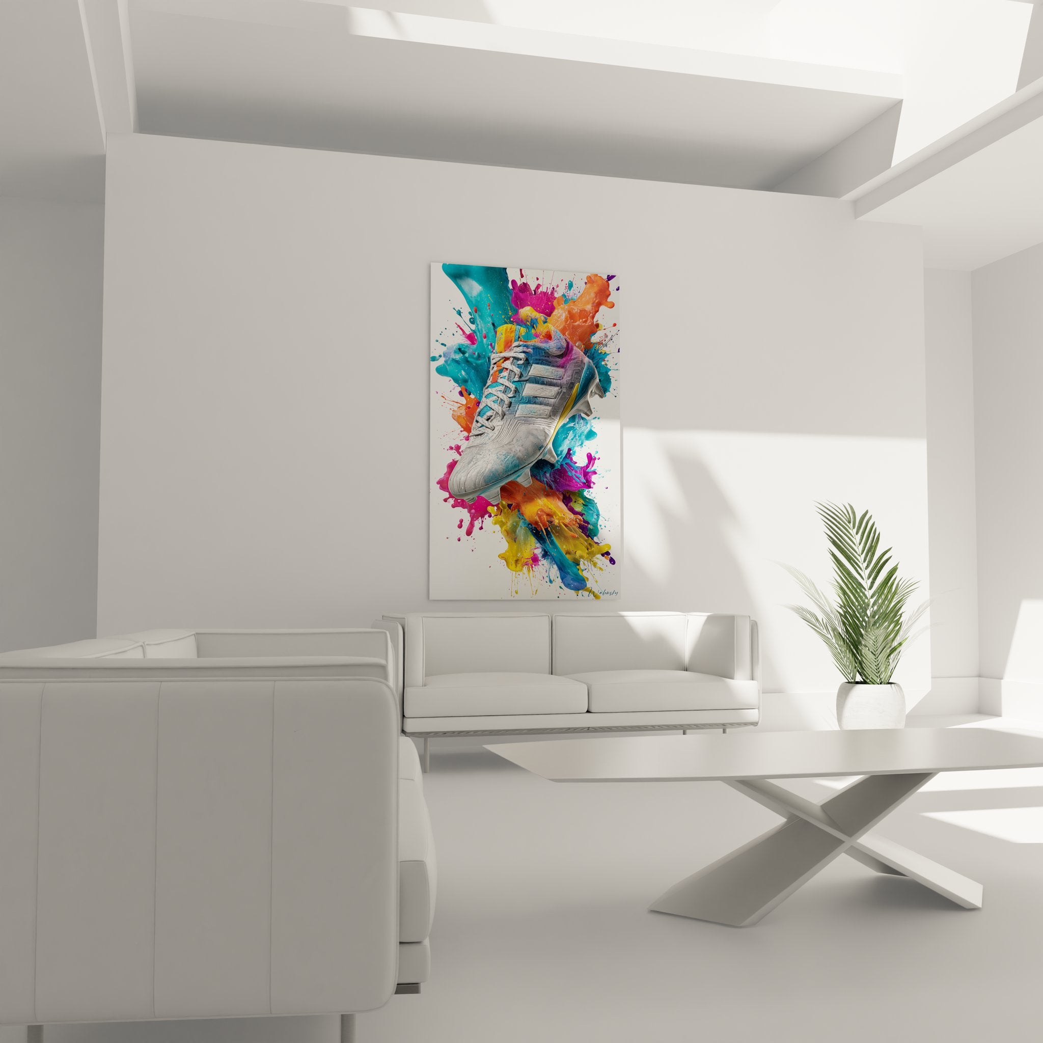 Gros plan tableau chaussure football detaillee avec lacets et explosion peinture multicolore artistique