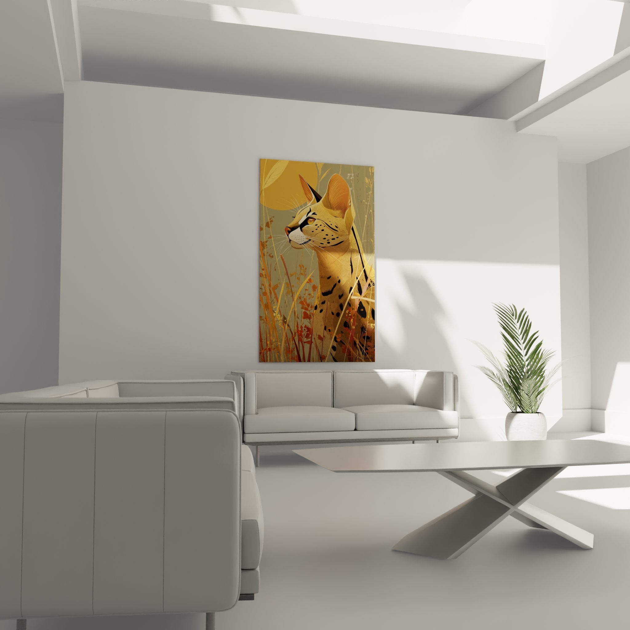 Détail portrait chat Savannah pelage tacheté oreilles noires expression alerte art mural félin qualité