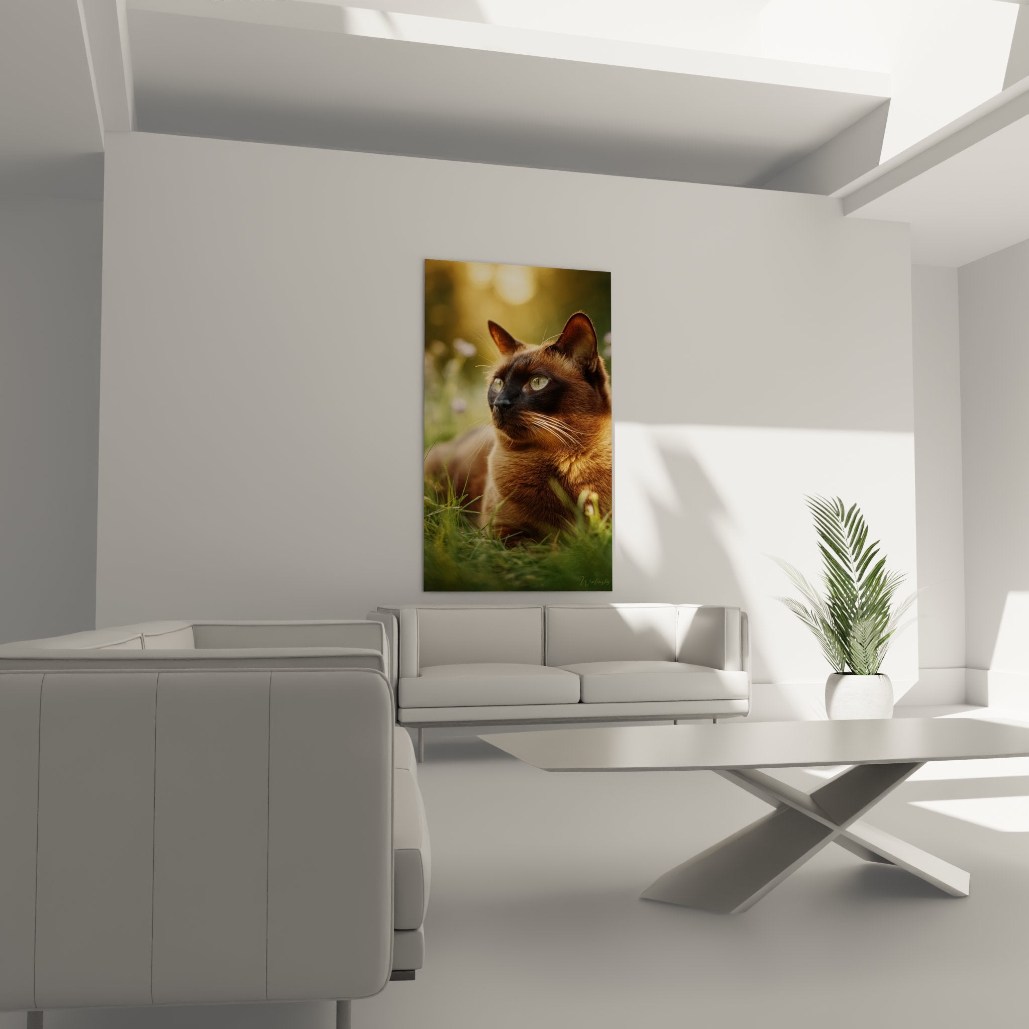 Gros plan portrait chat Burmese yeux verts perçants, pelage chocolat, lumière naturelle artistique