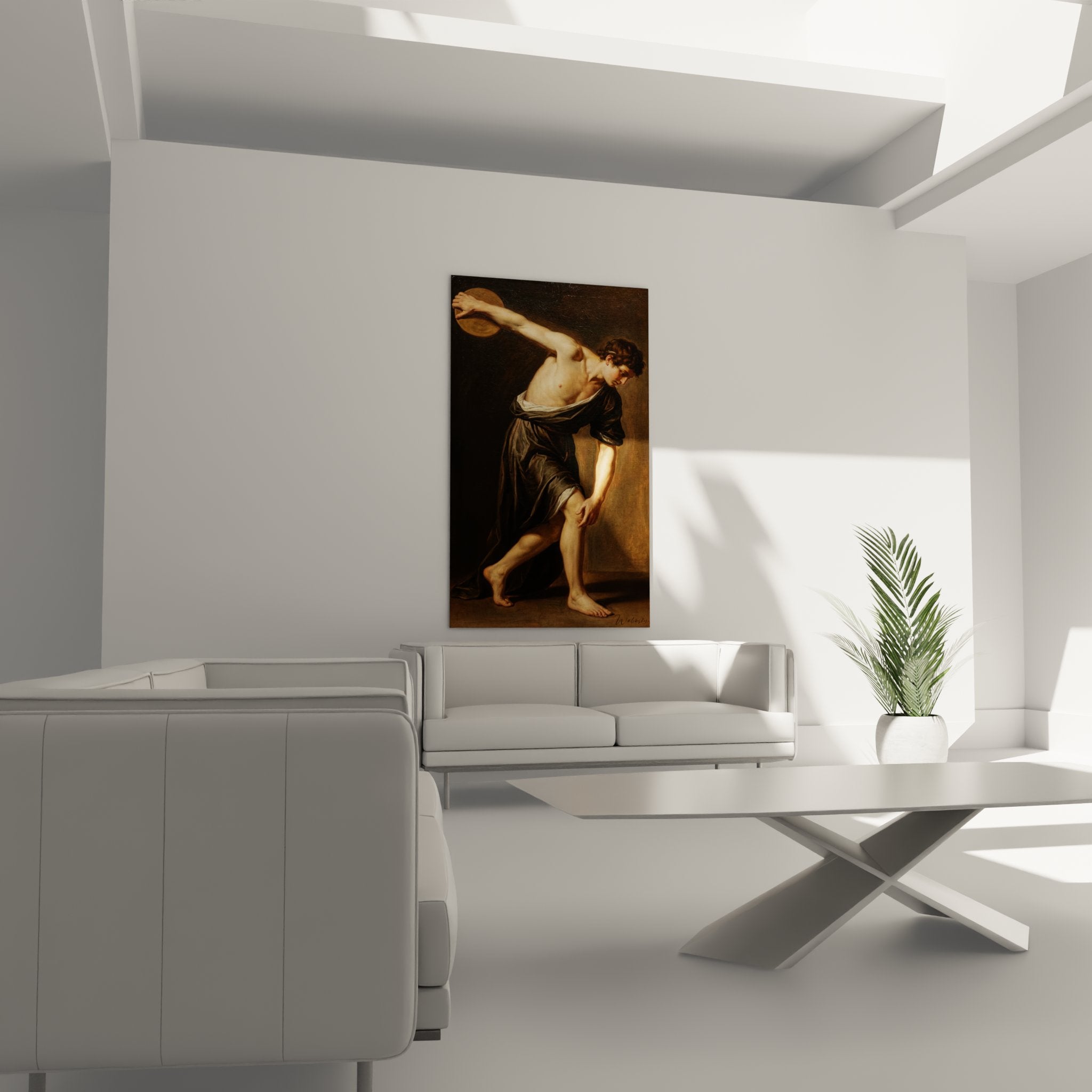 Detail du tableau montrant la technique picturale et les expressions du lanceur de disque