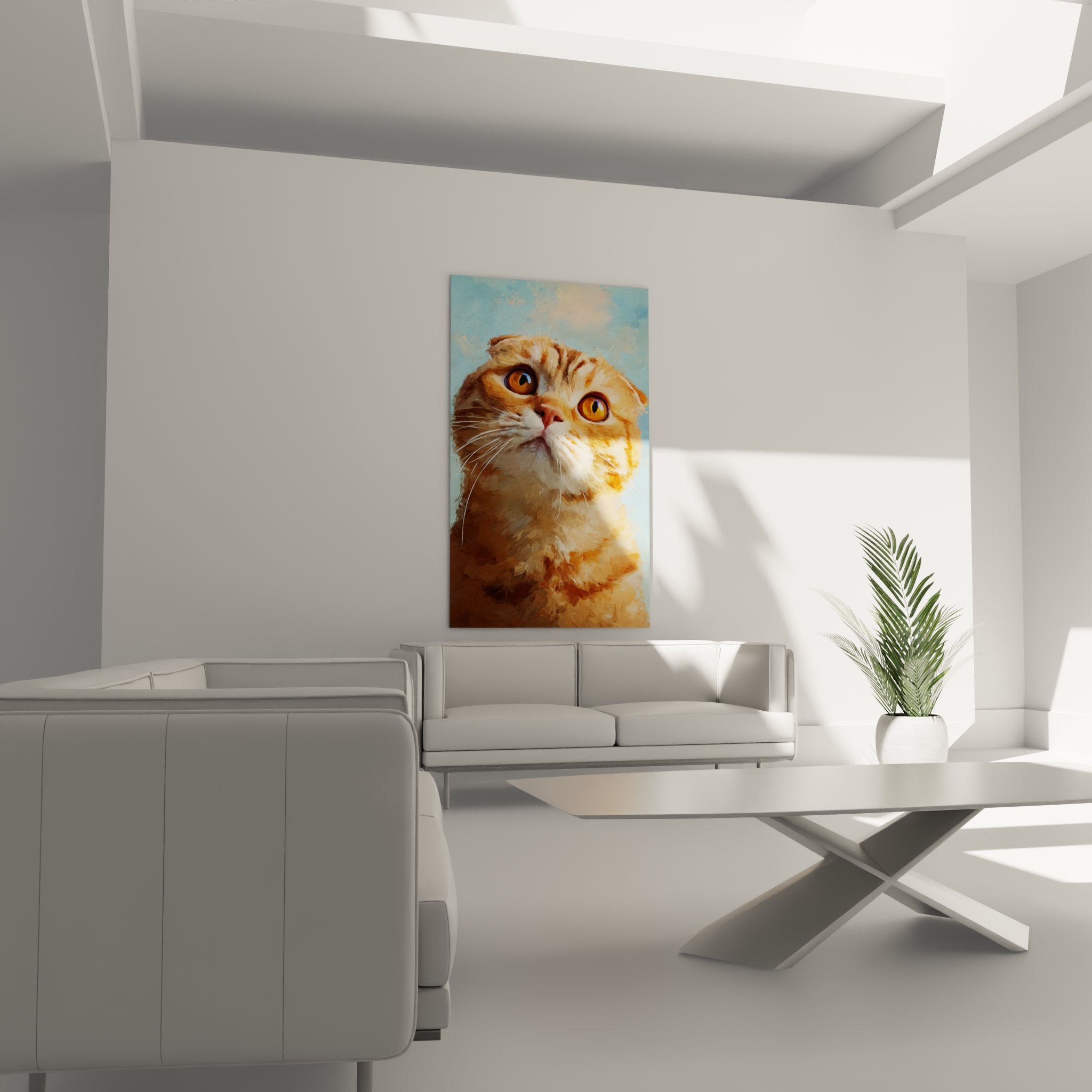 Close-up on the painting details: expressive amber eyes and red fur of the Scottish Fold cat