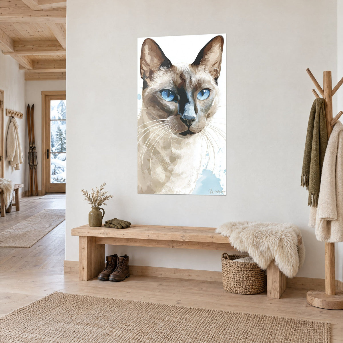 Cuadro gato tonkinés con máscara marrón chocolate, orejas puntiagudas y bigotes blancos, vista de perfil junto a un banco de madera