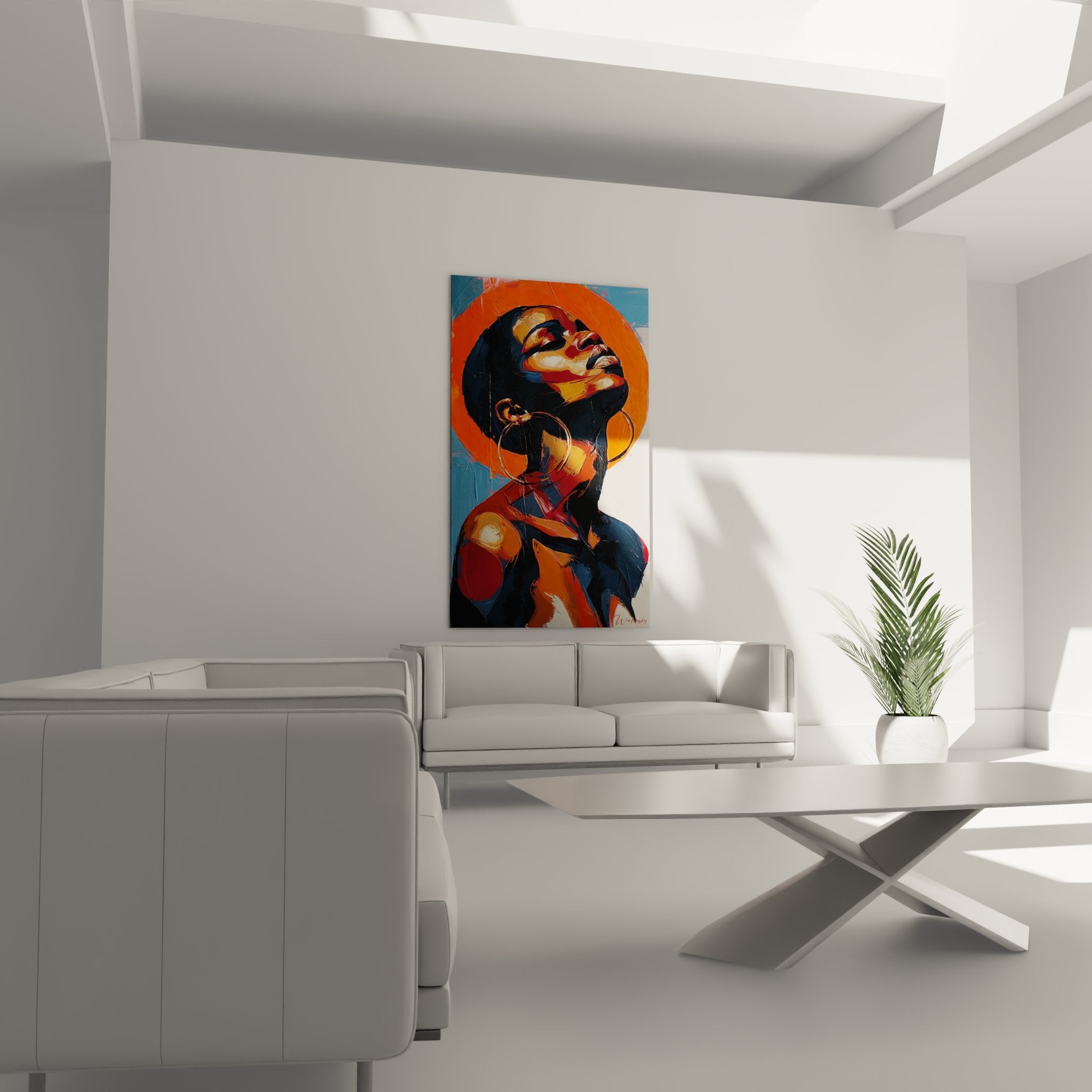 Dettaglio pittura ritratto africano, tecnica espressionista, colori arancione rosso e blu