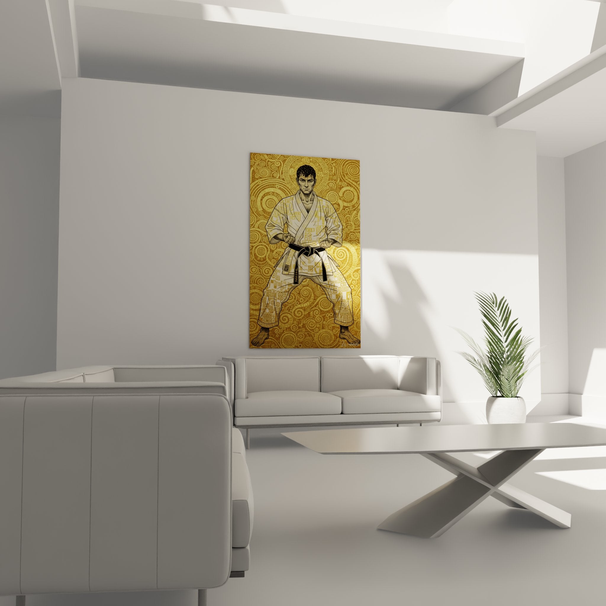 Détail tableau karatéka - expression concentrée du combattant et motifs dorés ornementaux en arrière-plan