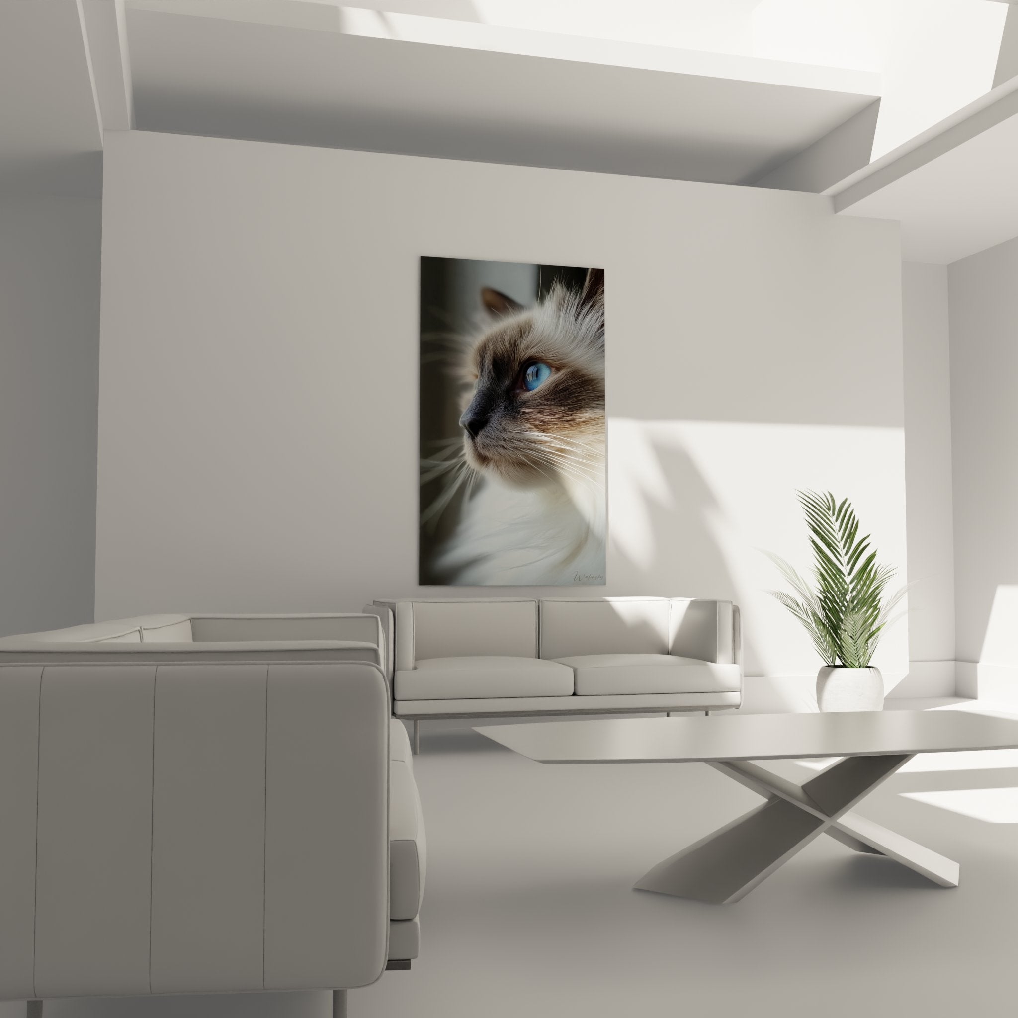 Close-up Birman cat painting, detailed crystalline blue eyes, seal point coat, whiskers, feline portrait art