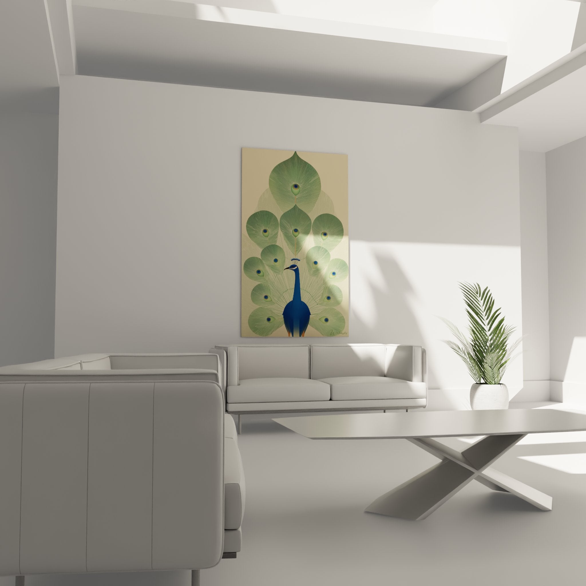 Nahaufnahme der Details des Art-Deco-Pfau-Gemäldes mit farbigen Ozellenmustern und Blau- und Grüntönen