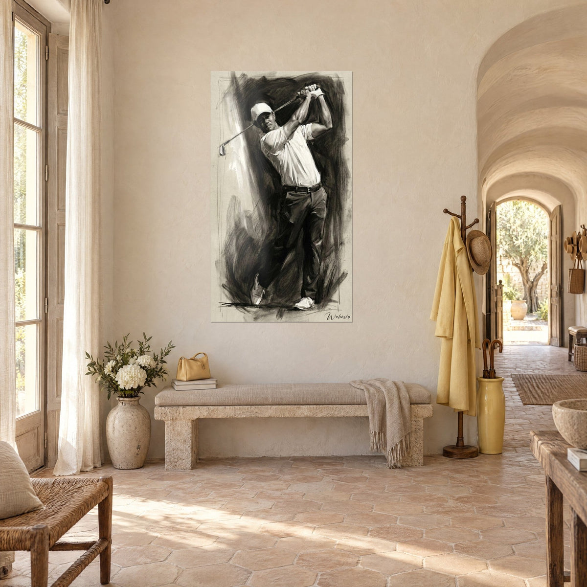Wall art of a golfer finishing his swing, white cap, black and grey charcoal strokes, vaulted hallway of the Provençal farmhouse